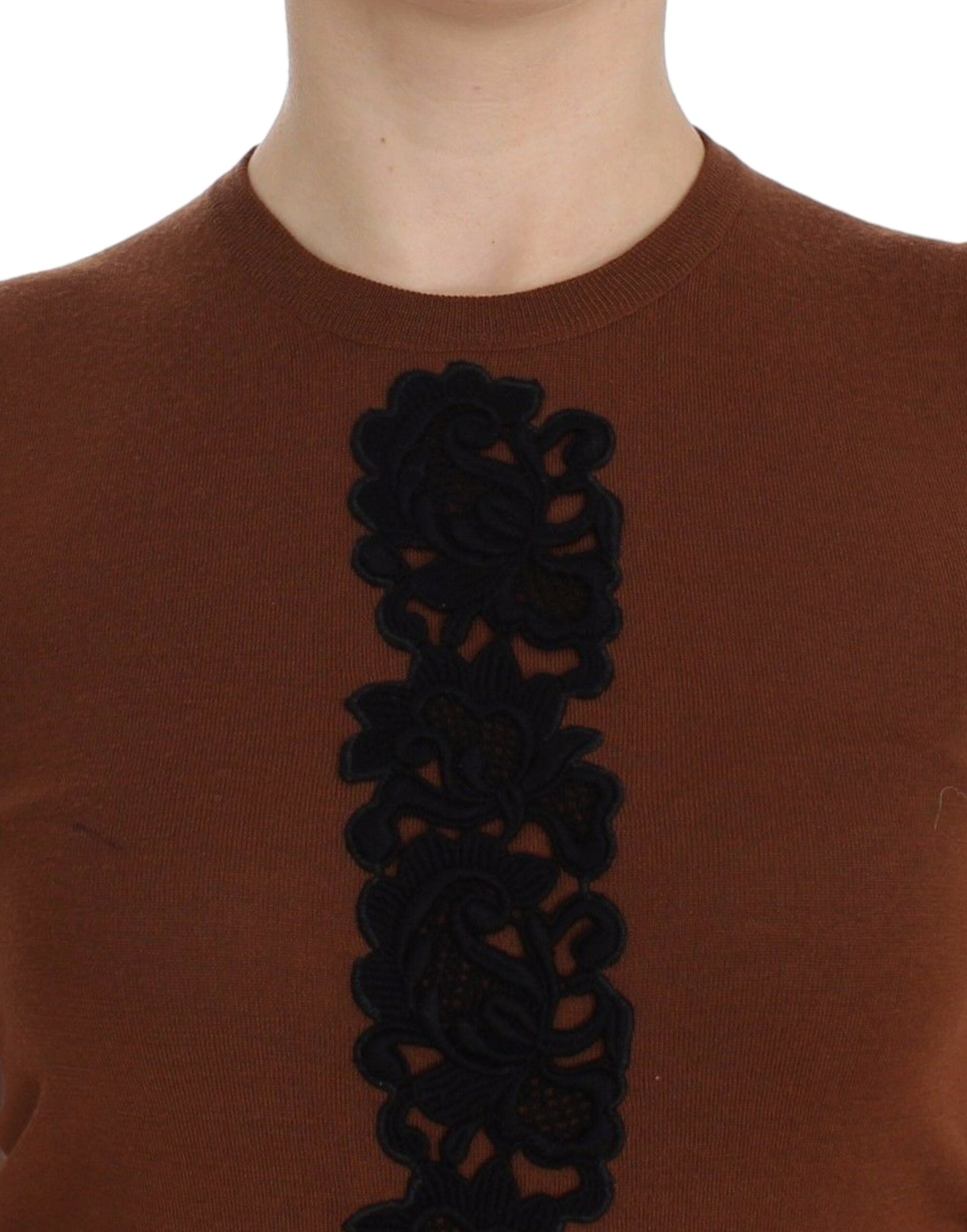 Dolce & Gabbana Brown Wool Black Lace Vest Sweater Top-5
