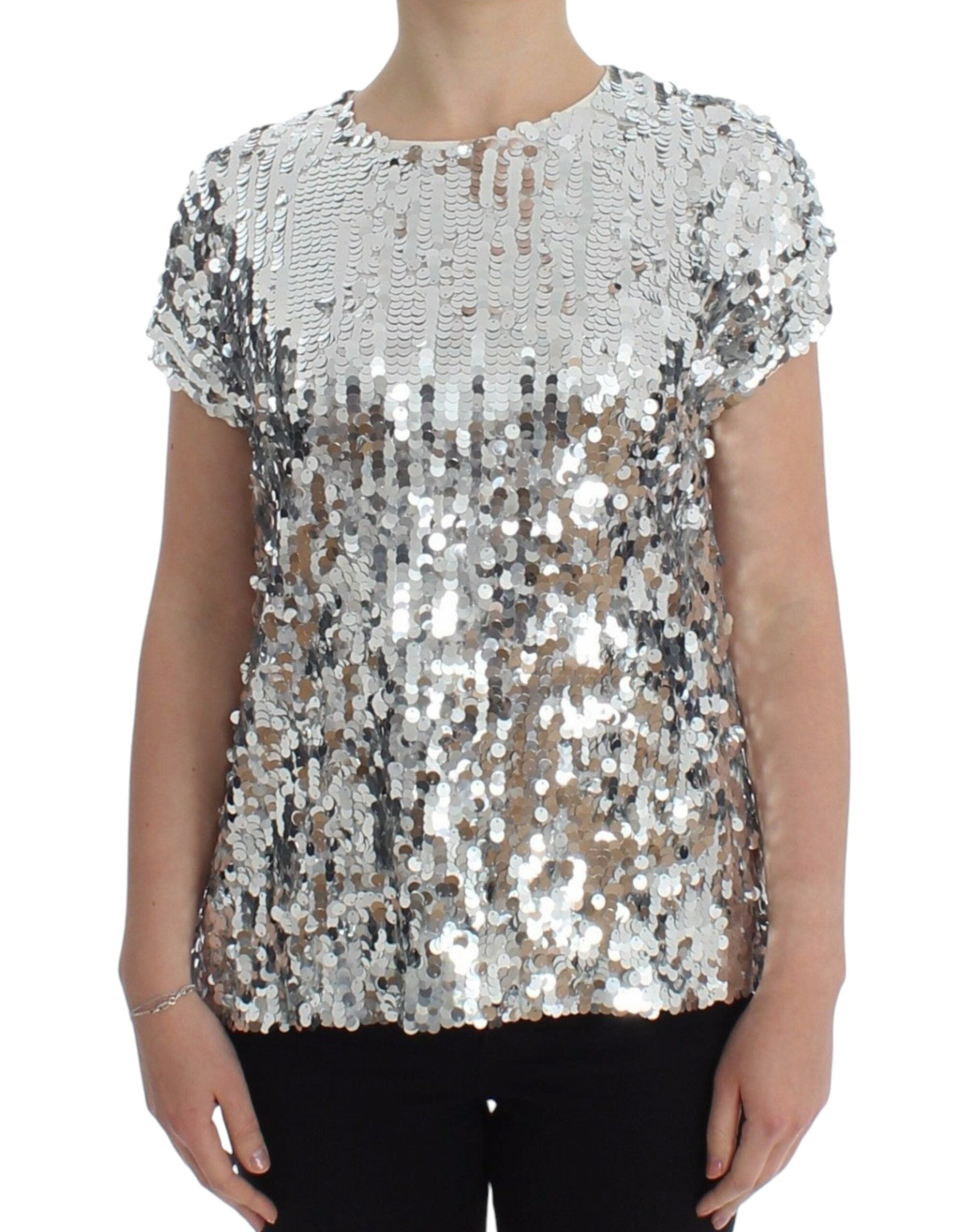Dolce & Gabbana Silver sequined blouse with round neck T-shirt top-1