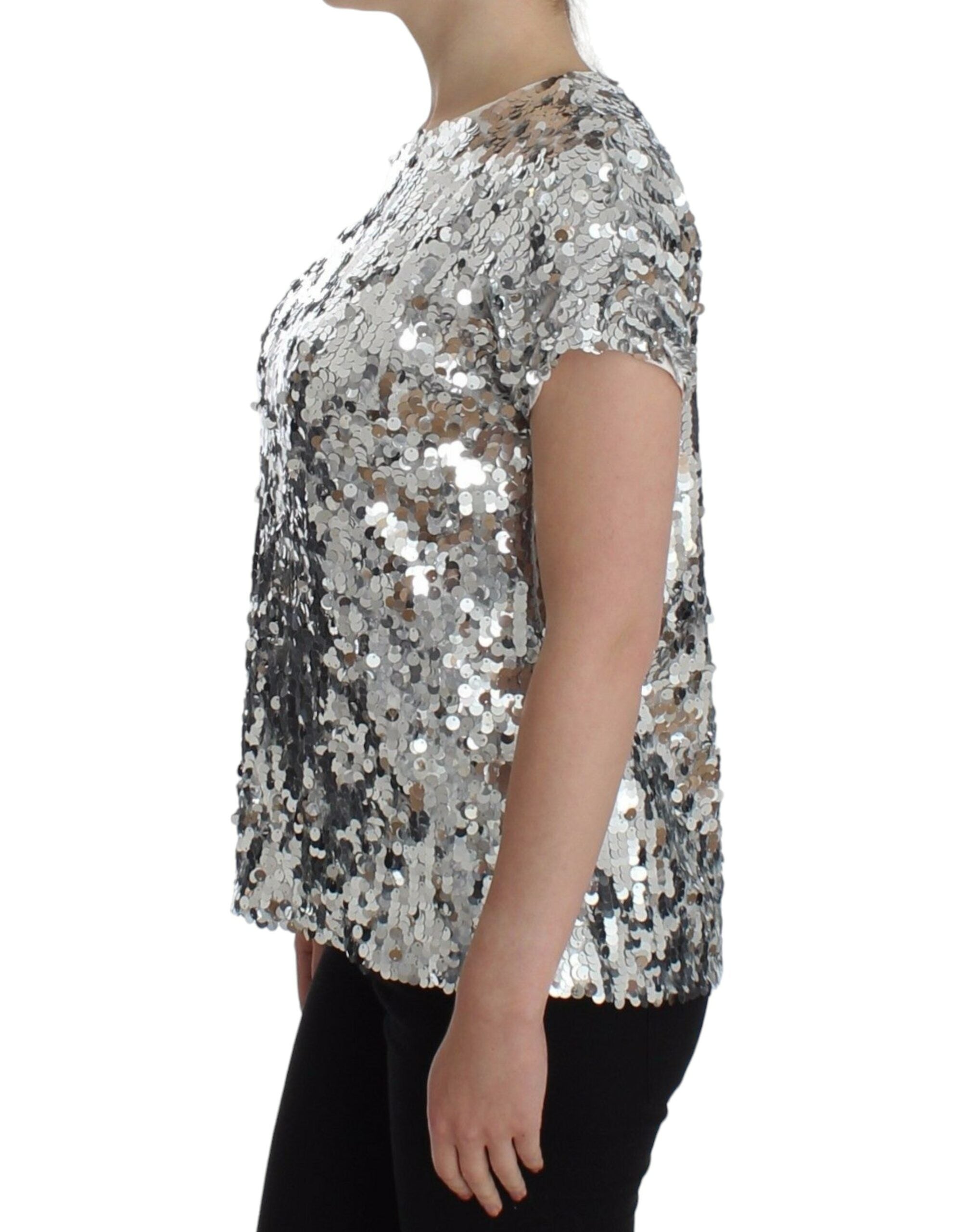 Dolce & Gabbana Silver sequined blouse with round neck T-shirt top-2