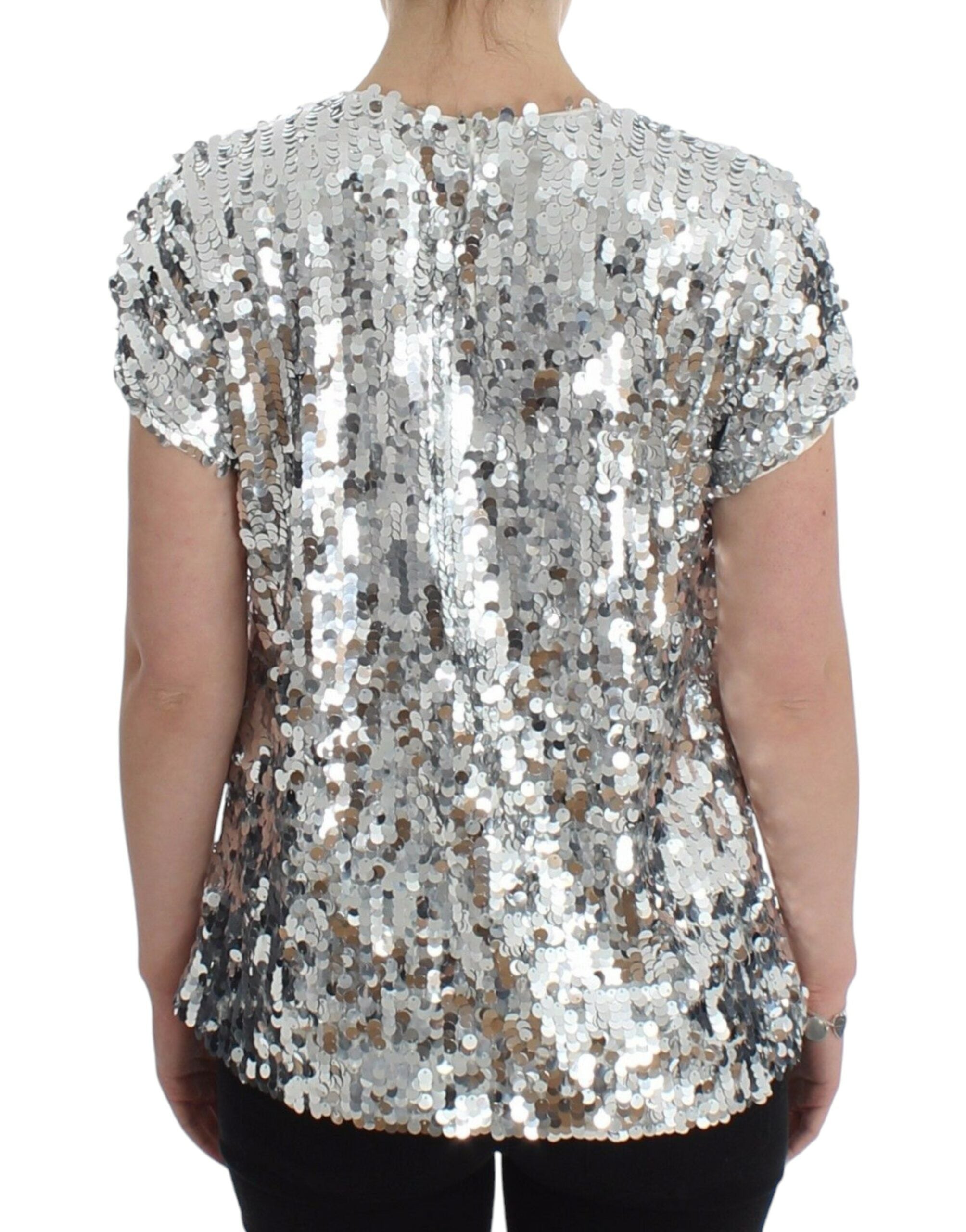 Dolce & Gabbana Silver sequined blouse with round neck T-shirt top-3
