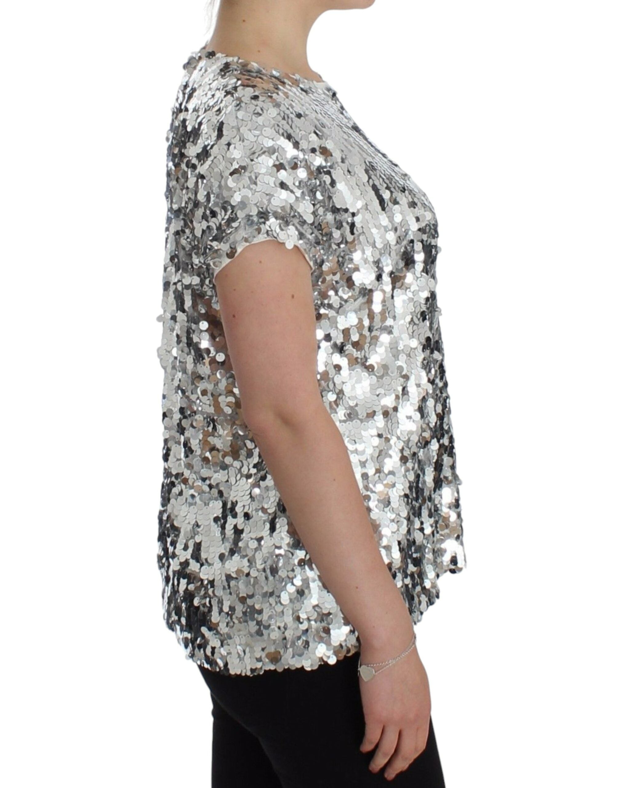 Dolce & Gabbana Silver sequined blouse with round neck T-shirt top-4