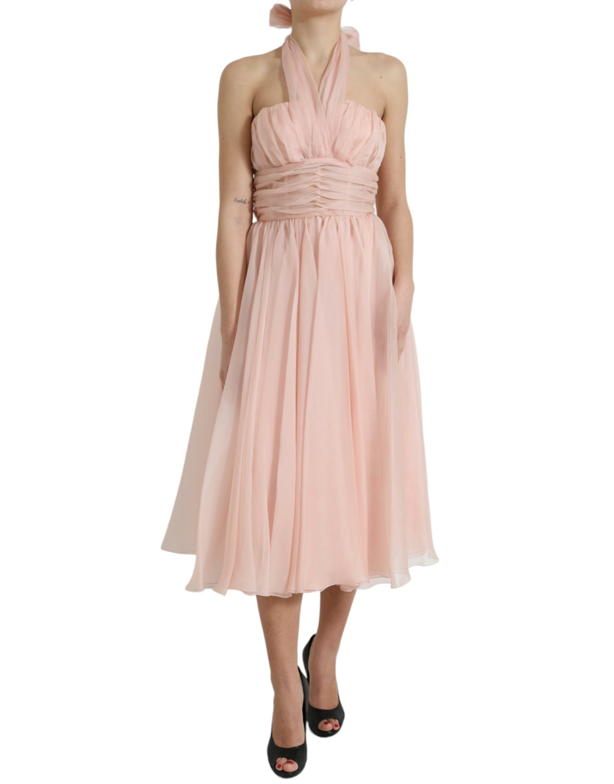 Dolce & Gabbana Pink Silk Chiffon Halter A-Line Pleated Midi Dress