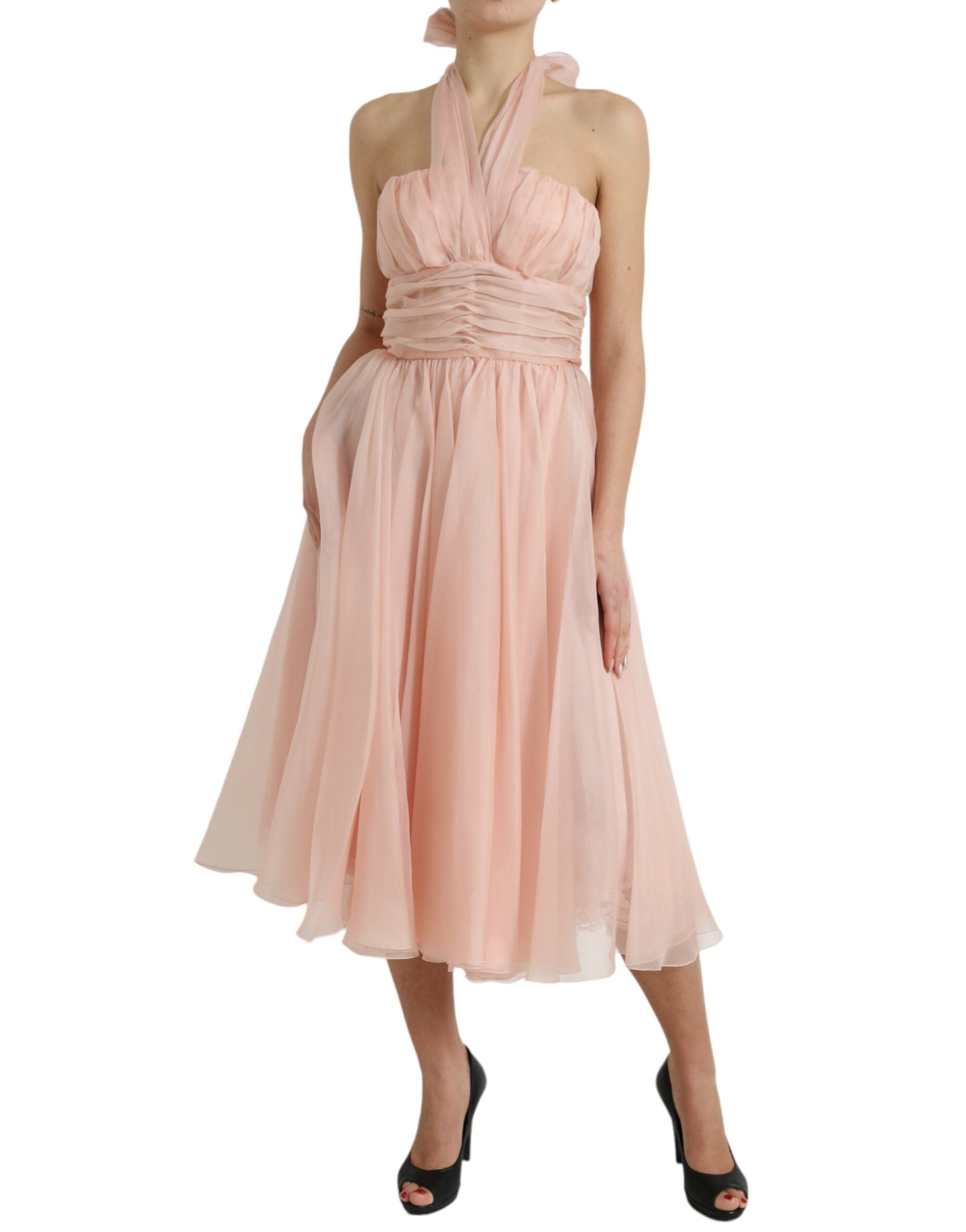 Dolce & Gabbana Pink Silk Chiffon Halter A-Line Pleated Midi Dress-2