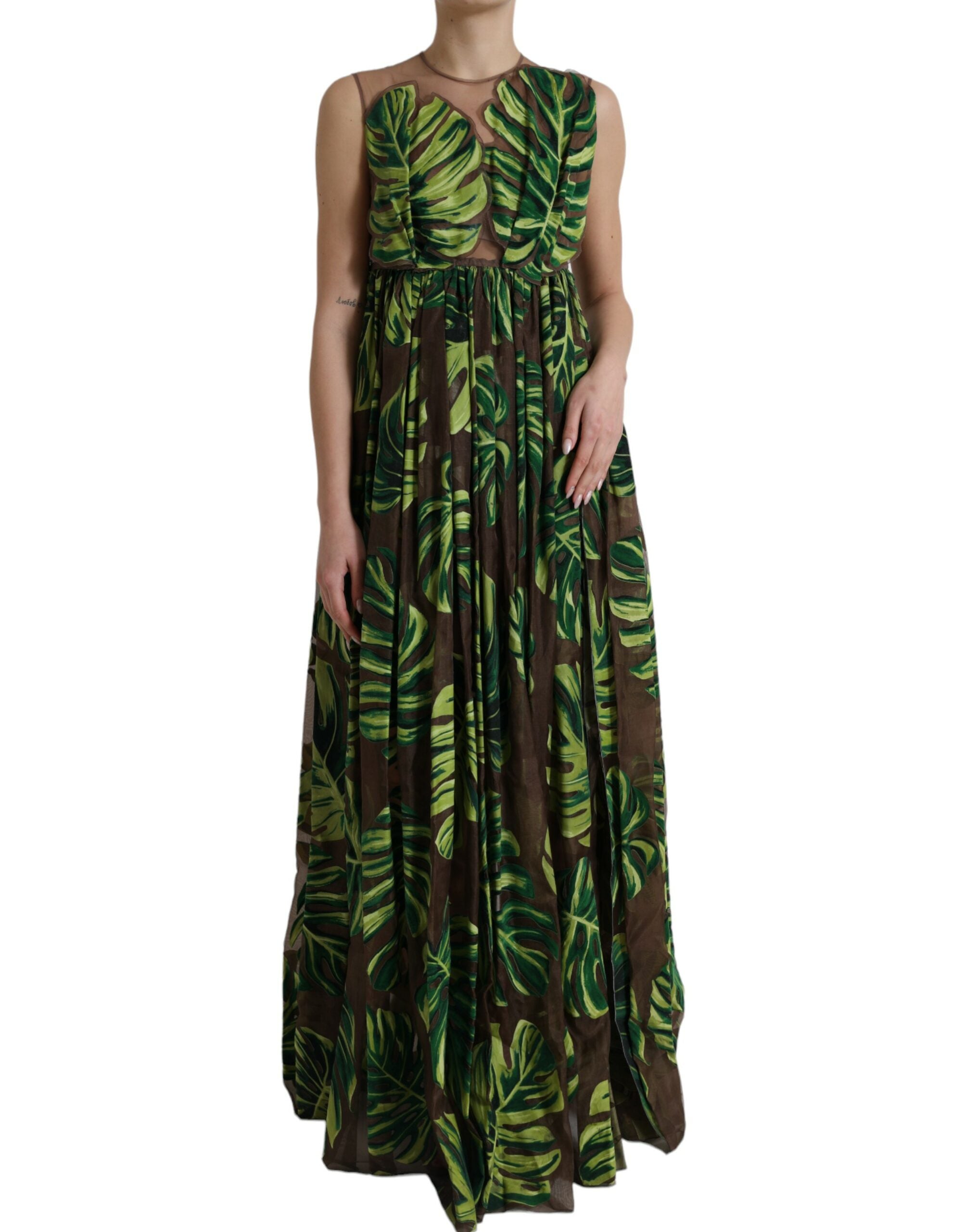 Dolce & Gabbana Green sleeveless long maxi dress with banana leaves