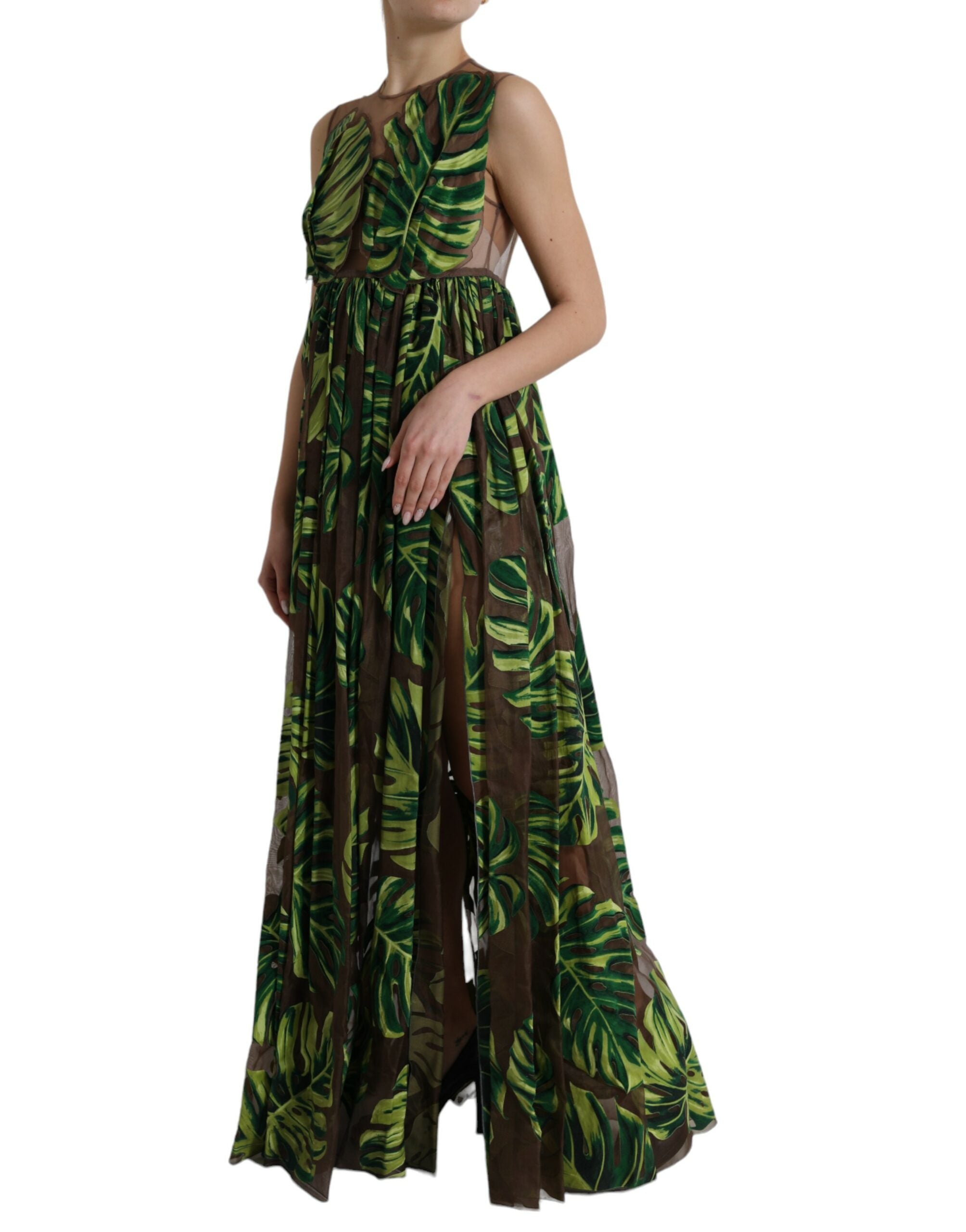 Dolce & Gabbana Green sleeveless long maxi dress with banana leaves-2