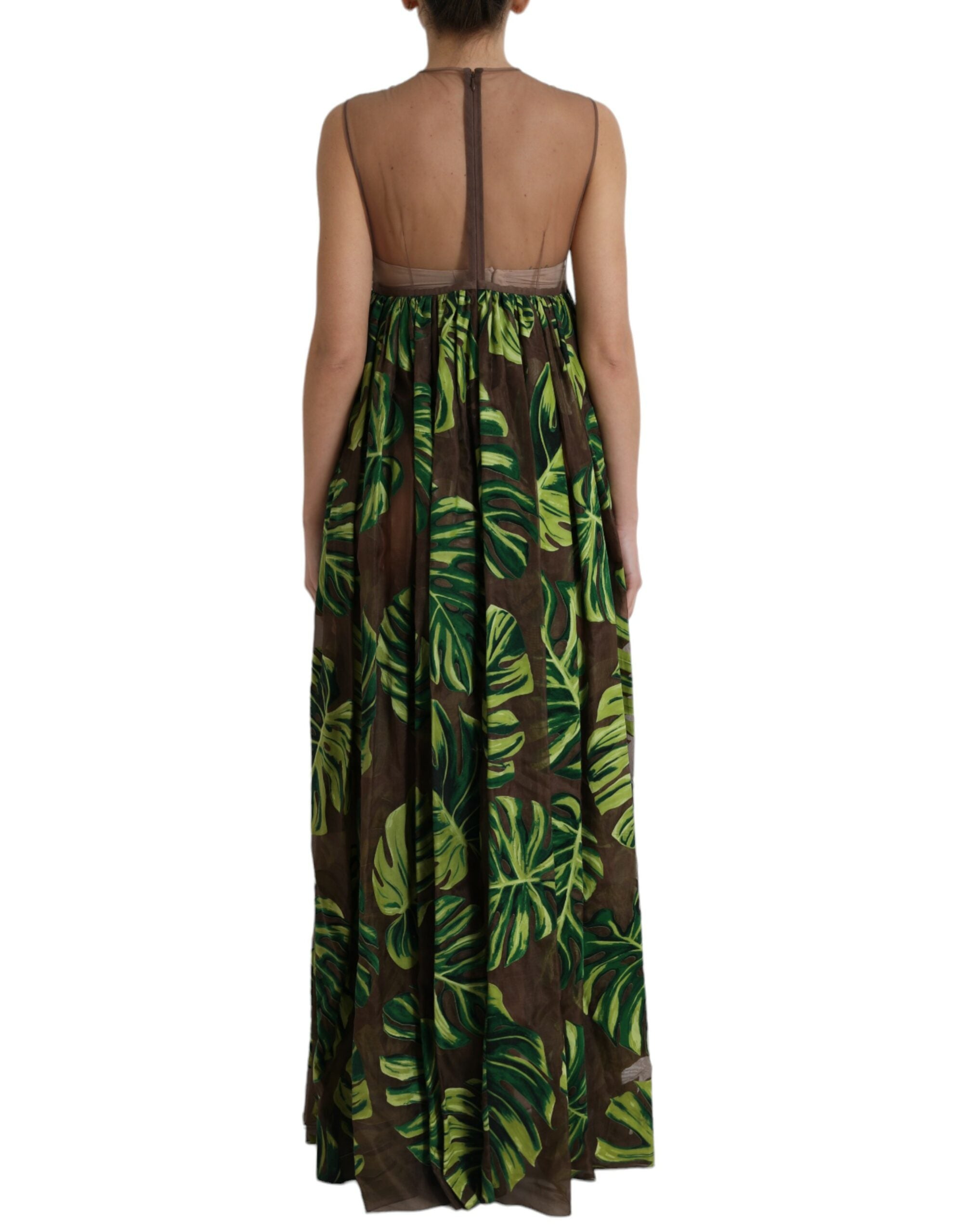 Dolce & Gabbana Green sleeveless long maxi dress with banana leaves-3