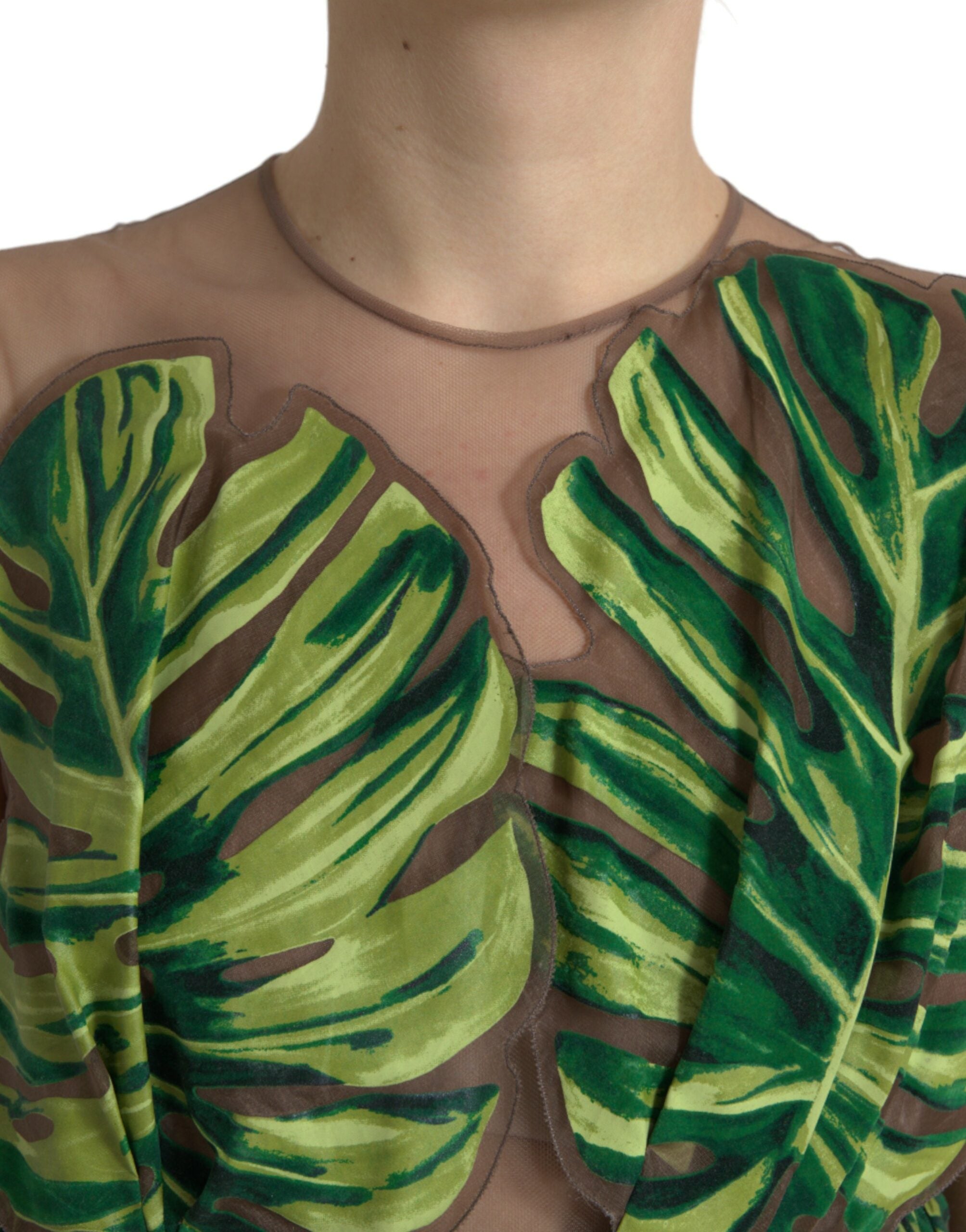 Dolce & Gabbana Green sleeveless long maxi dress with banana leaves-4