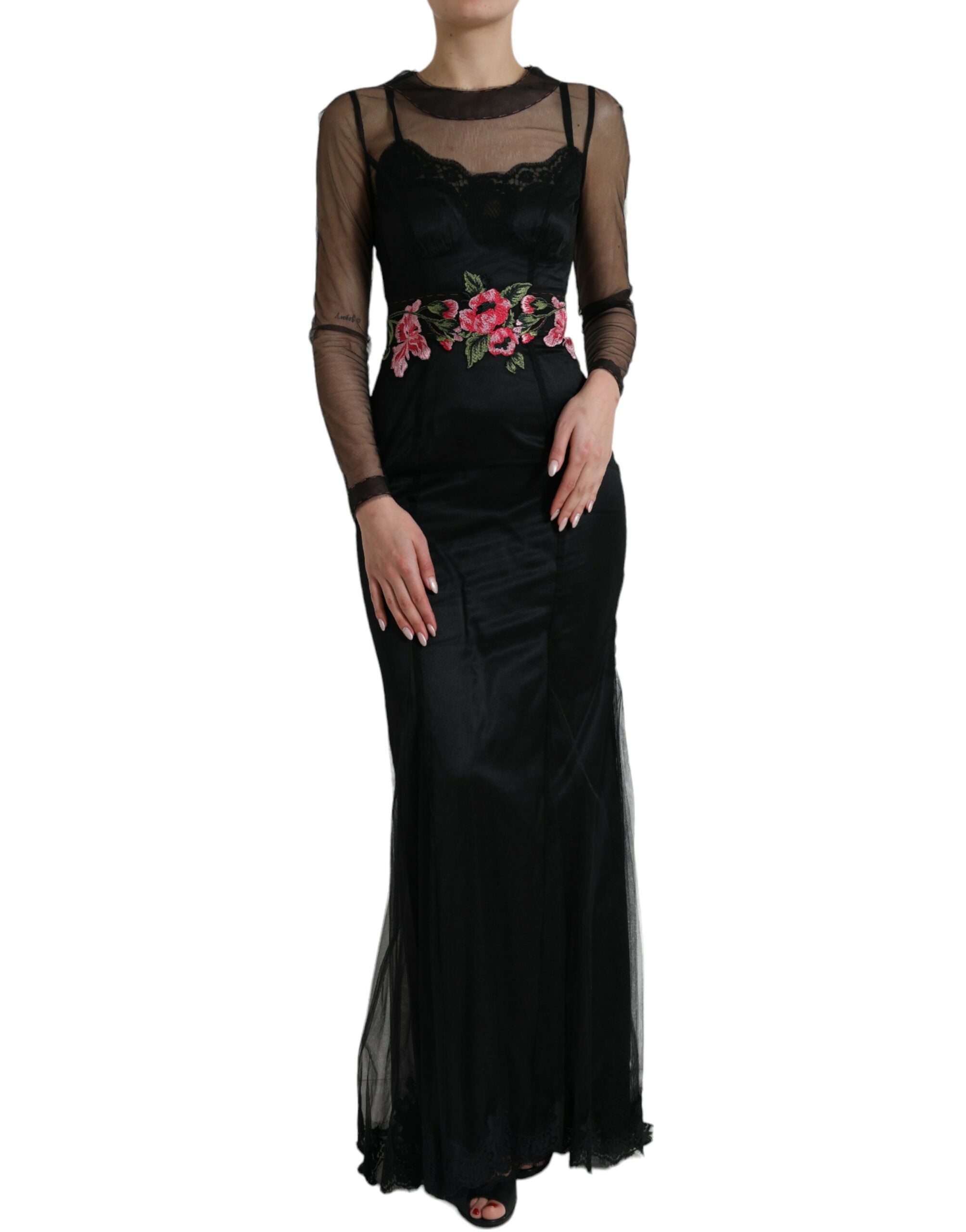 Dolce & Gabbana black dress with floral embroidery made of mesh tulle