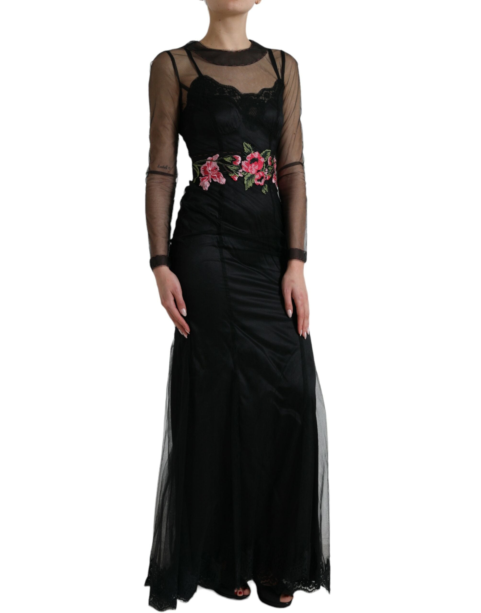 Dolce & Gabbana black dress with floral embroidery made of mesh tulle-2