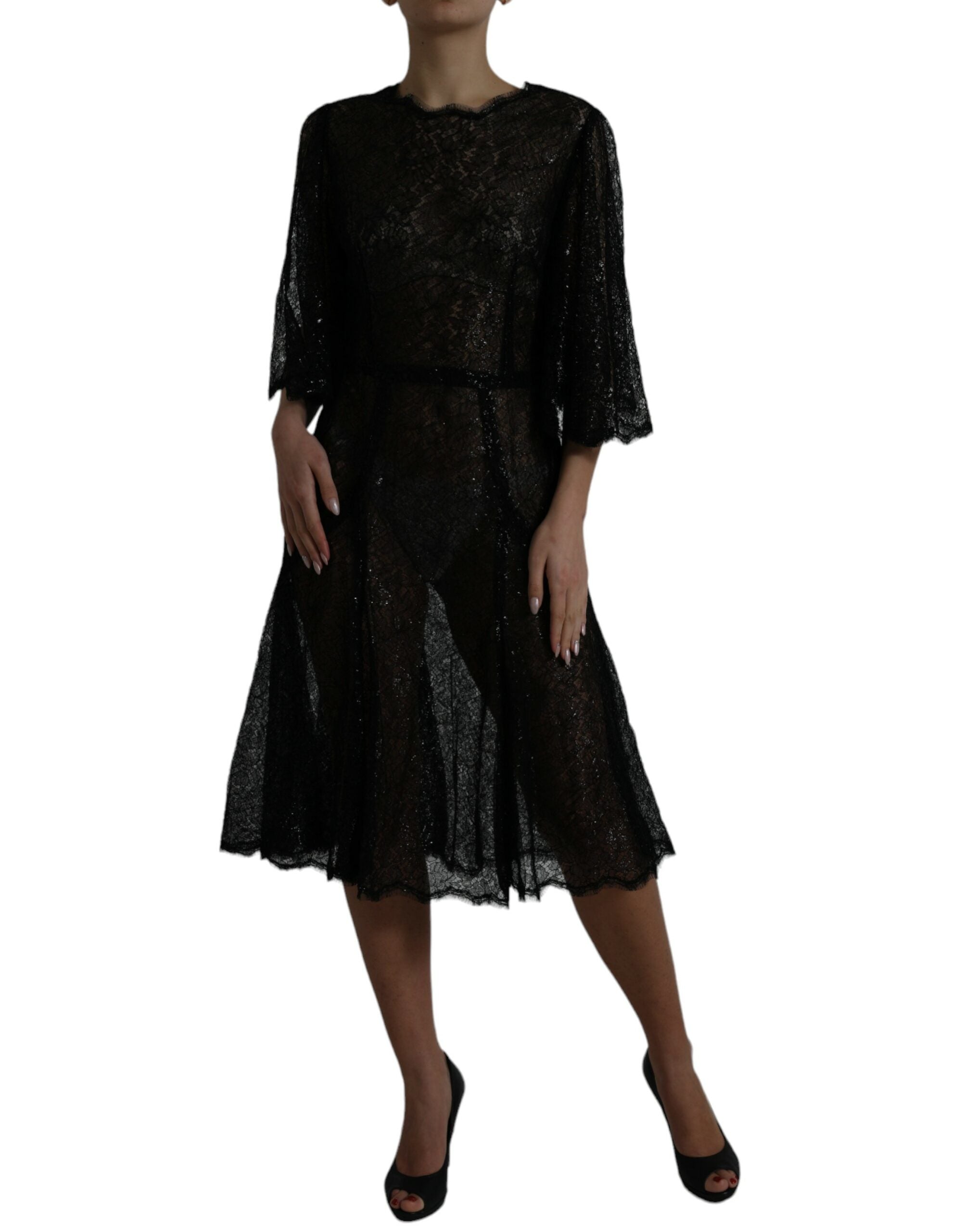 Dolce & Gabbana Schwarzes Midikleid mit floraler Spitze in A-Linie-2