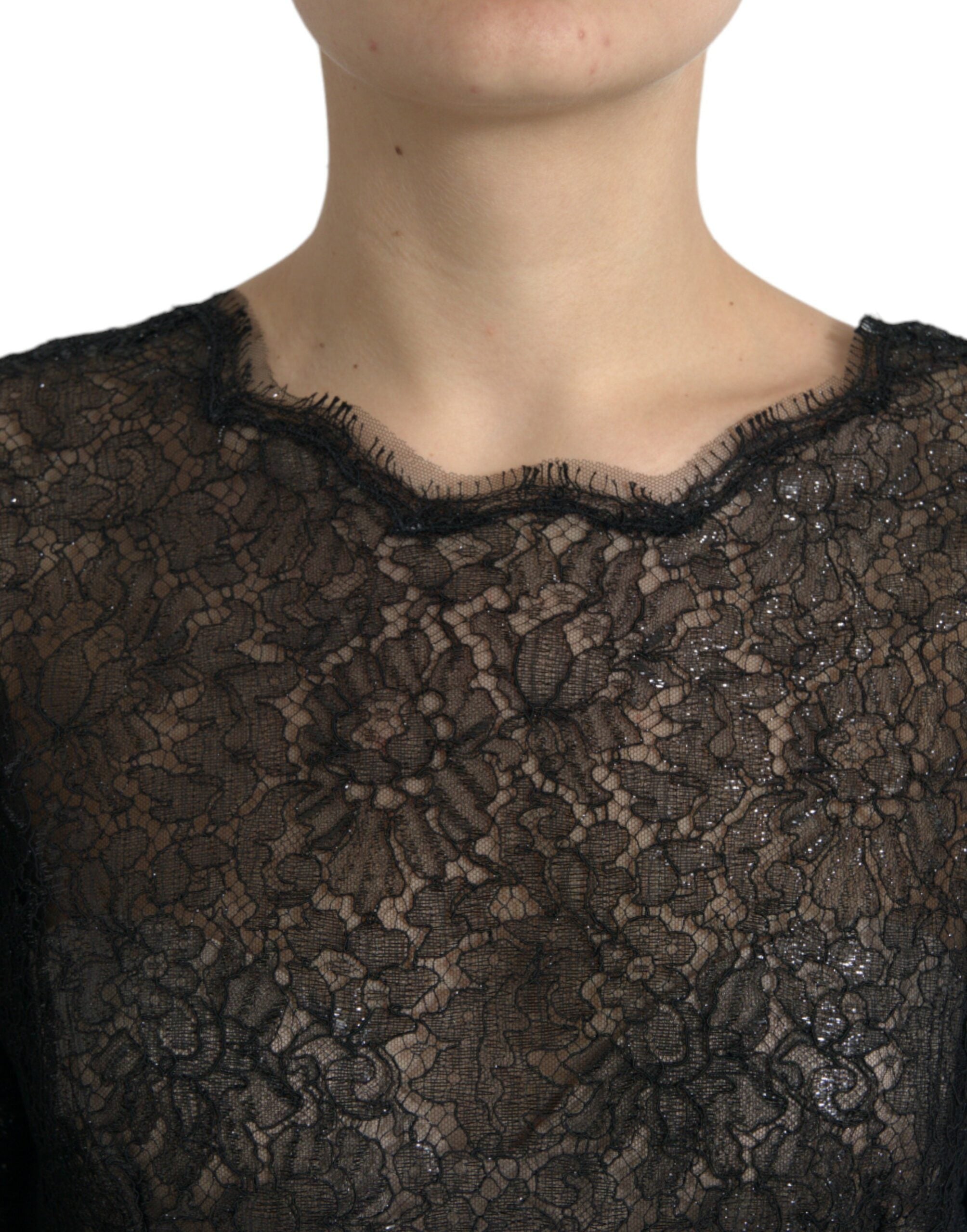 Dolce & Gabbana Schwarzes Midikleid mit floraler Spitze in A-Linie-4