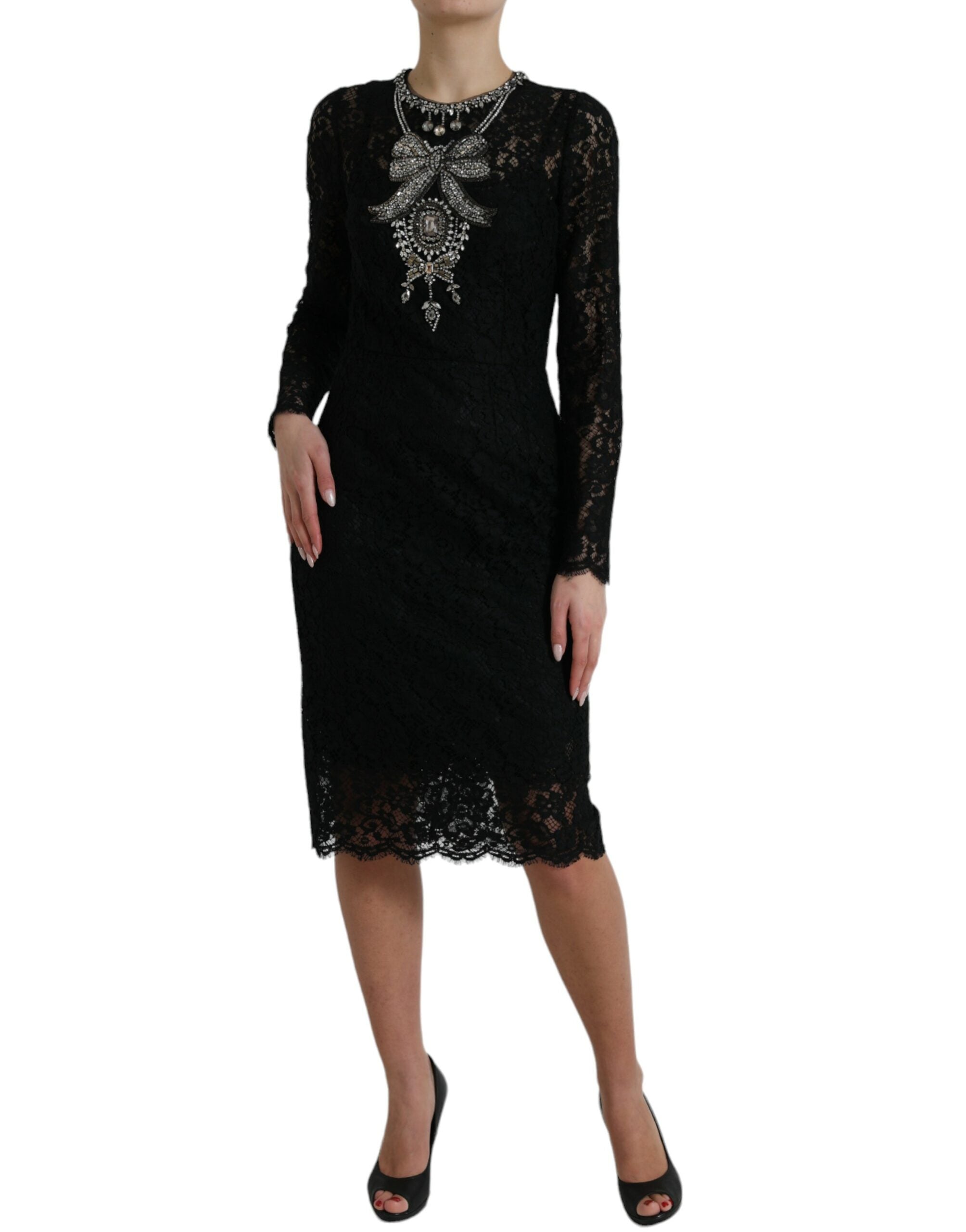 Dolce & Gabbana Schwarzes Etuikleid aus Spitze mit Kristallverzierung-2
