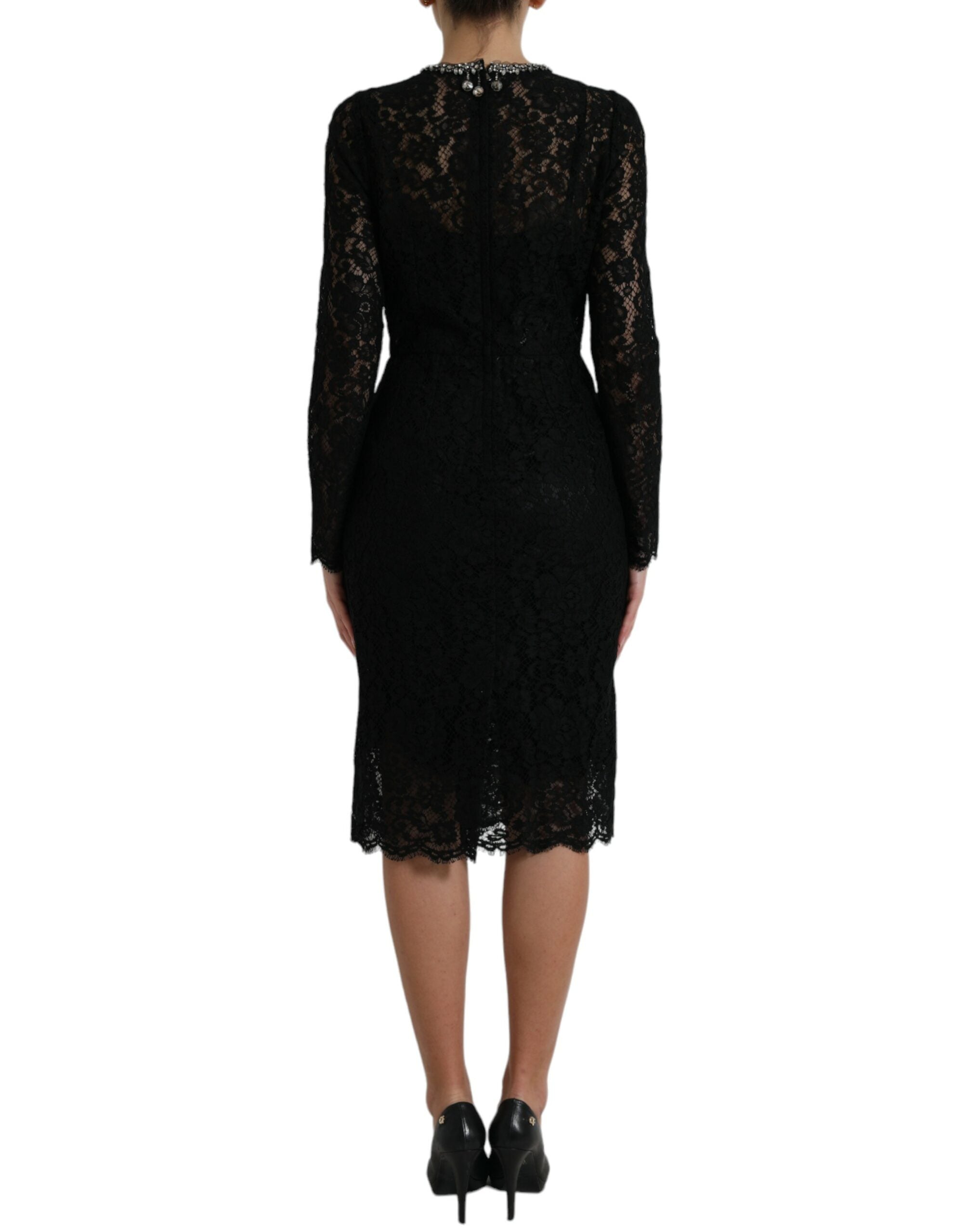 Dolce & Gabbana Schwarzes Etuikleid aus Spitze mit Kristallverzierung-3