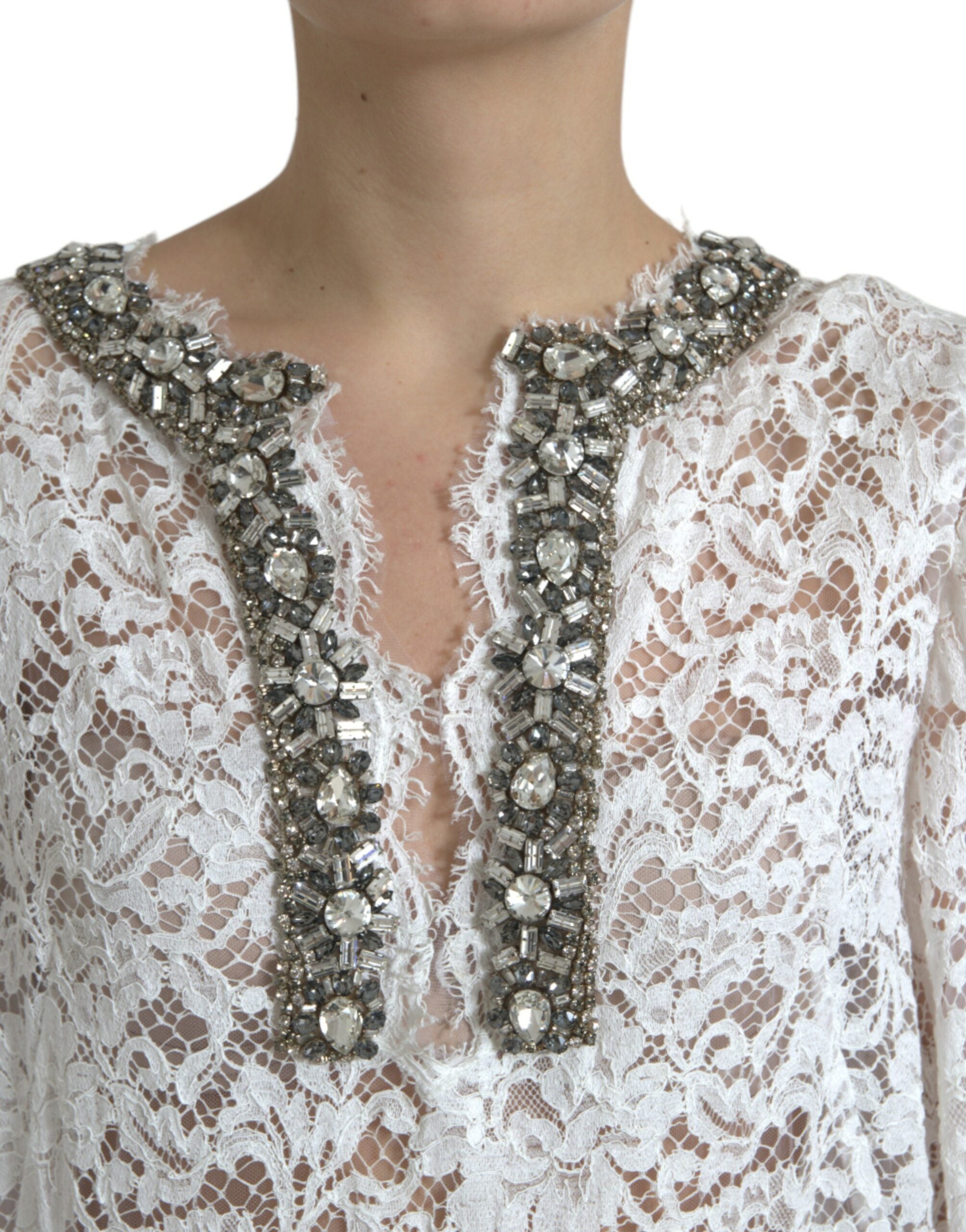 Dolce & Gabbana White, crystal-embellished lace sheath dress-4