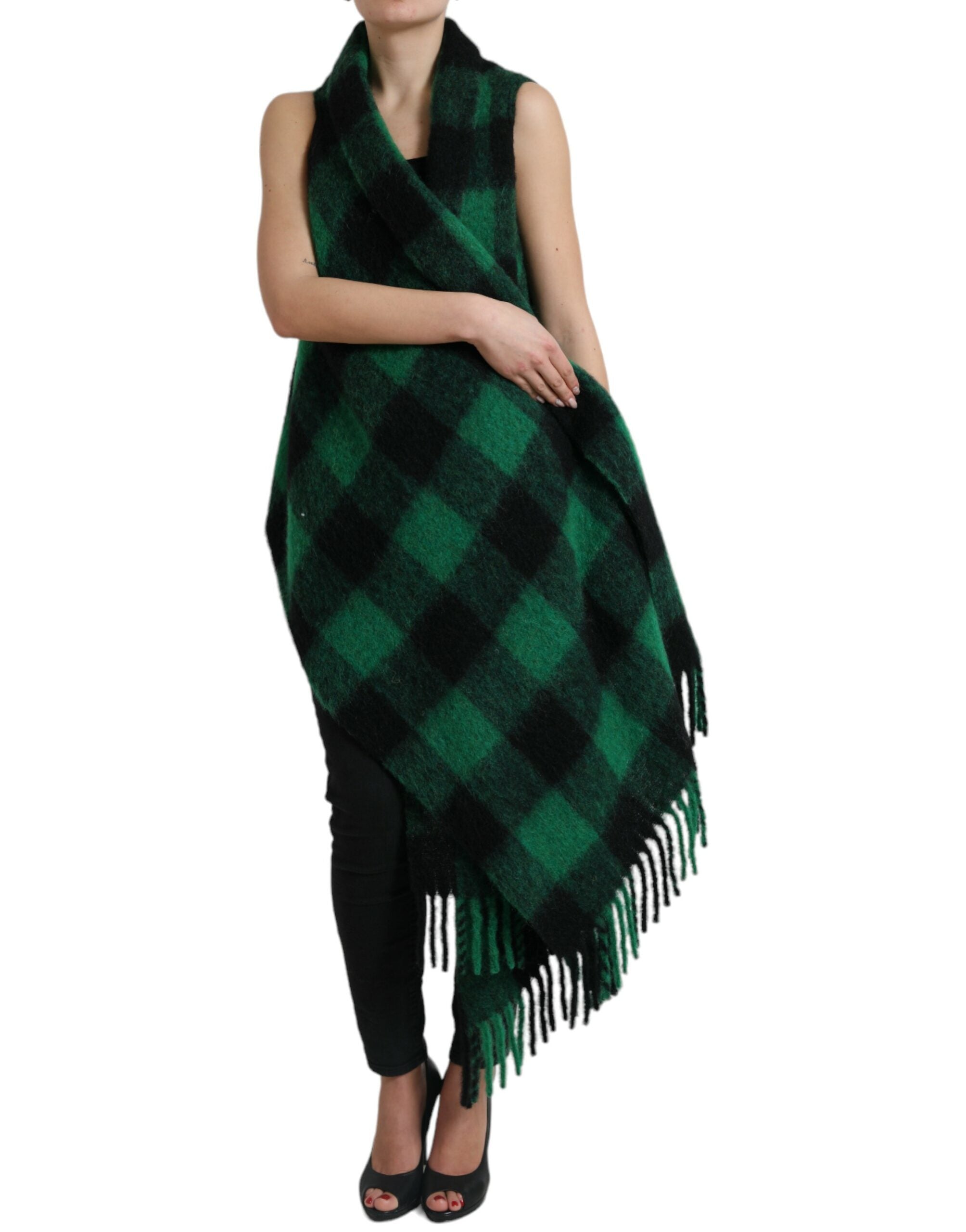 Dolce & Gabbana Black Green Buffalo Check Poncho Coat Jacket-2