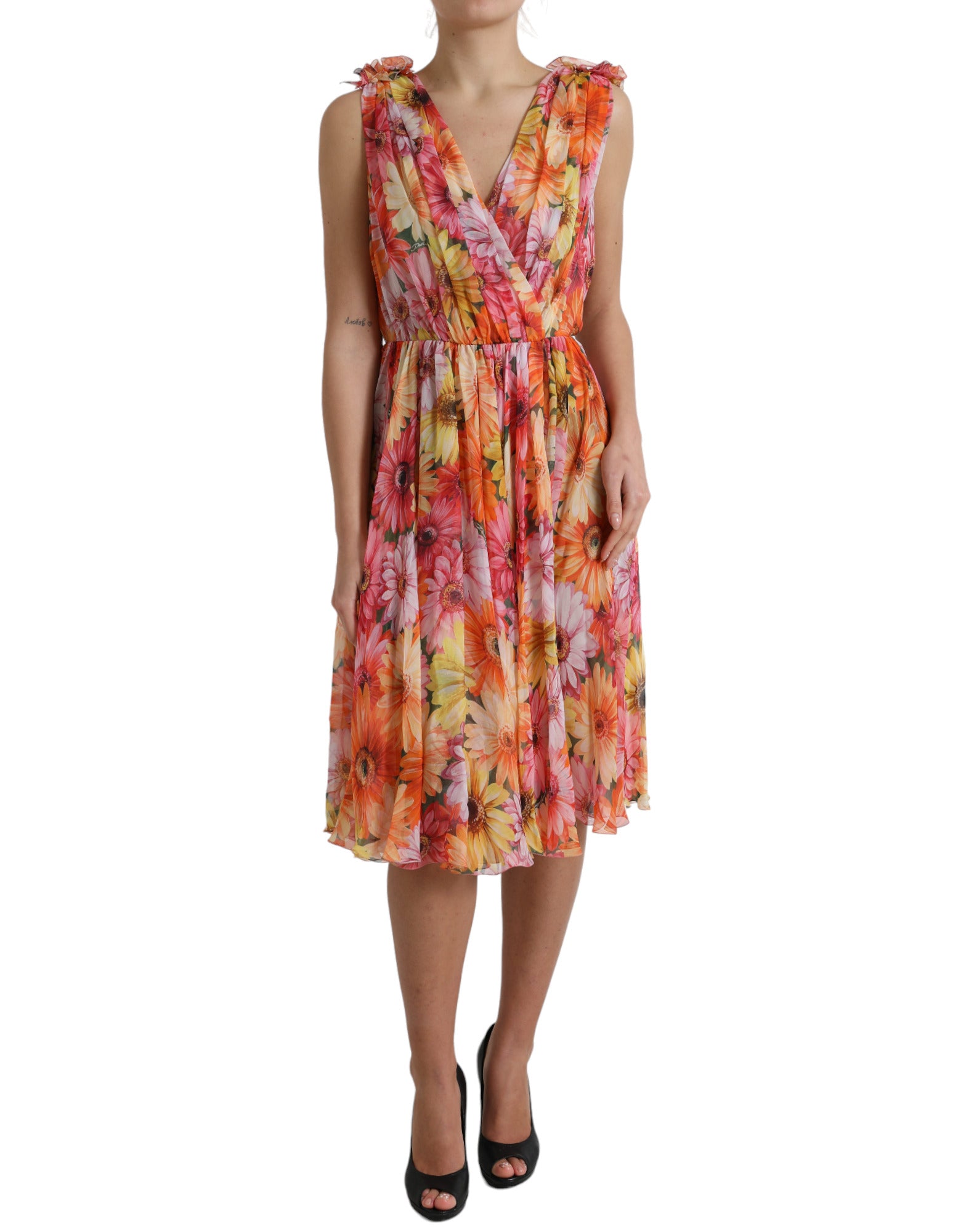 Vestido midi de seda multicolor con estampado de girasoles de Dolce & Gabbana-1