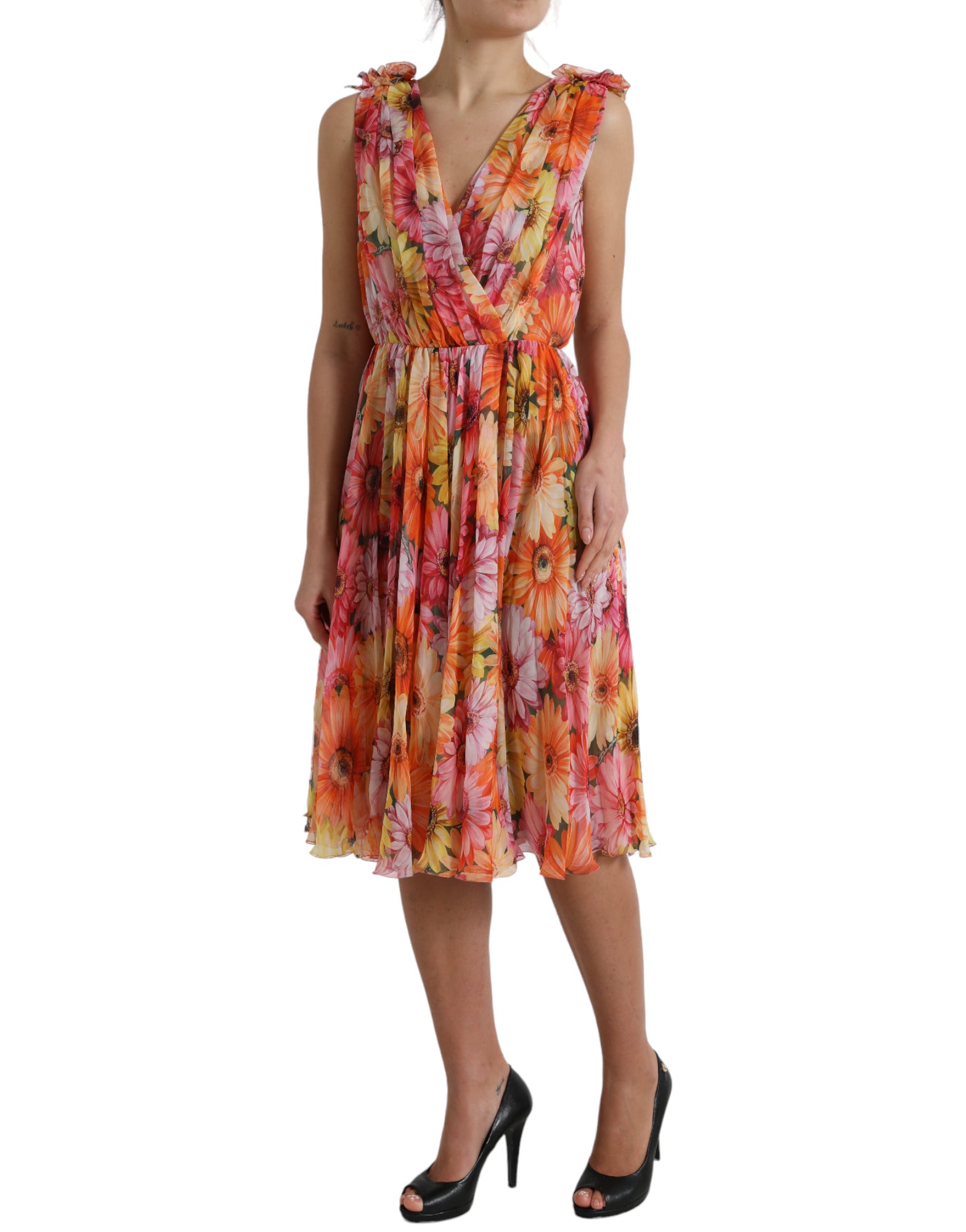 Vestido midi de seda multicolor con estampado de girasoles de Dolce & Gabbana-2
