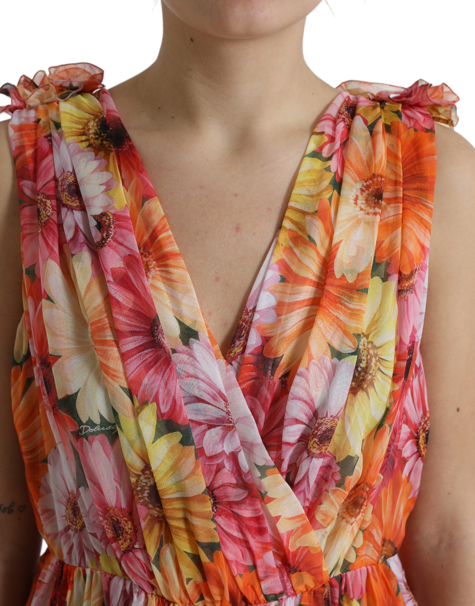 Vestido midi de seda multicolor con estampado de girasoles de Dolce & Gabbana-4