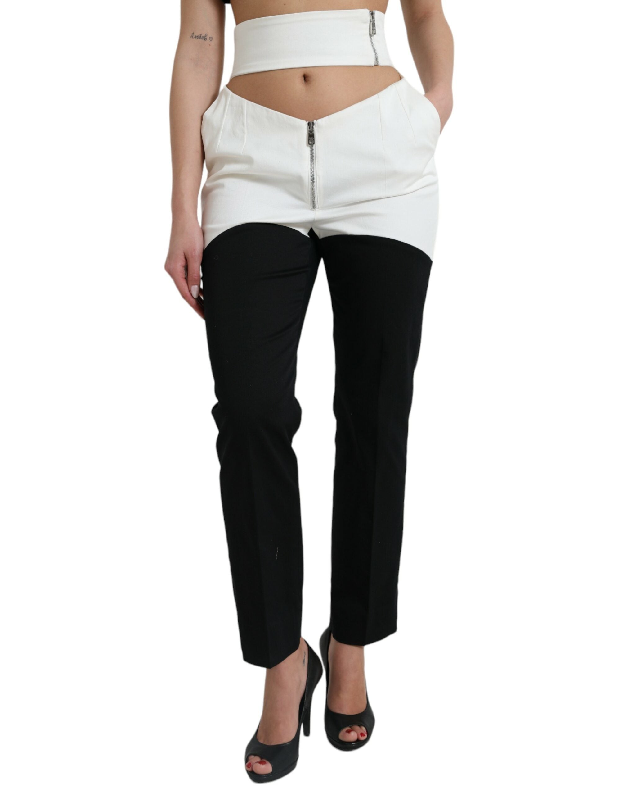 Pantalones cónicos de algodón blanco y negro con cintura recortada de Dolce & Gabbana-1