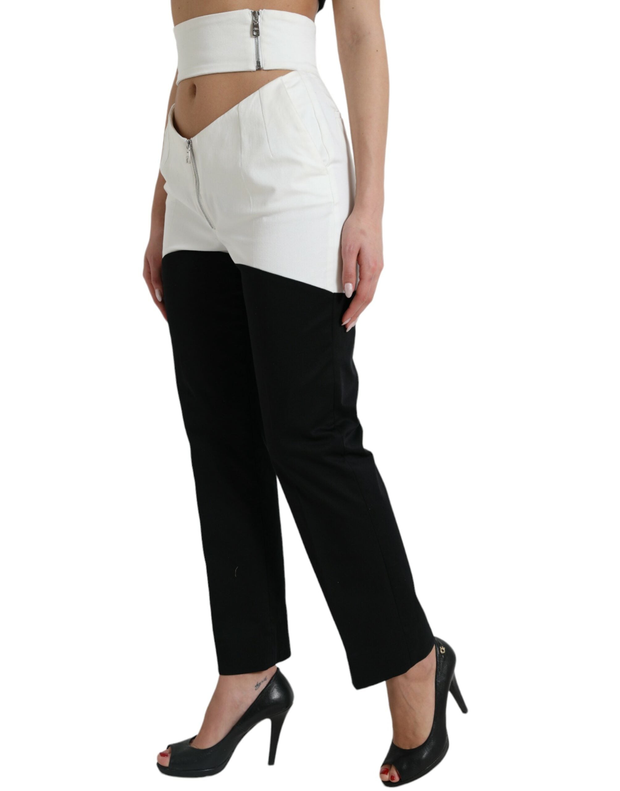 Pantalones cónicos de algodón blanco y negro con cintura recortada de Dolce & Gabbana-2