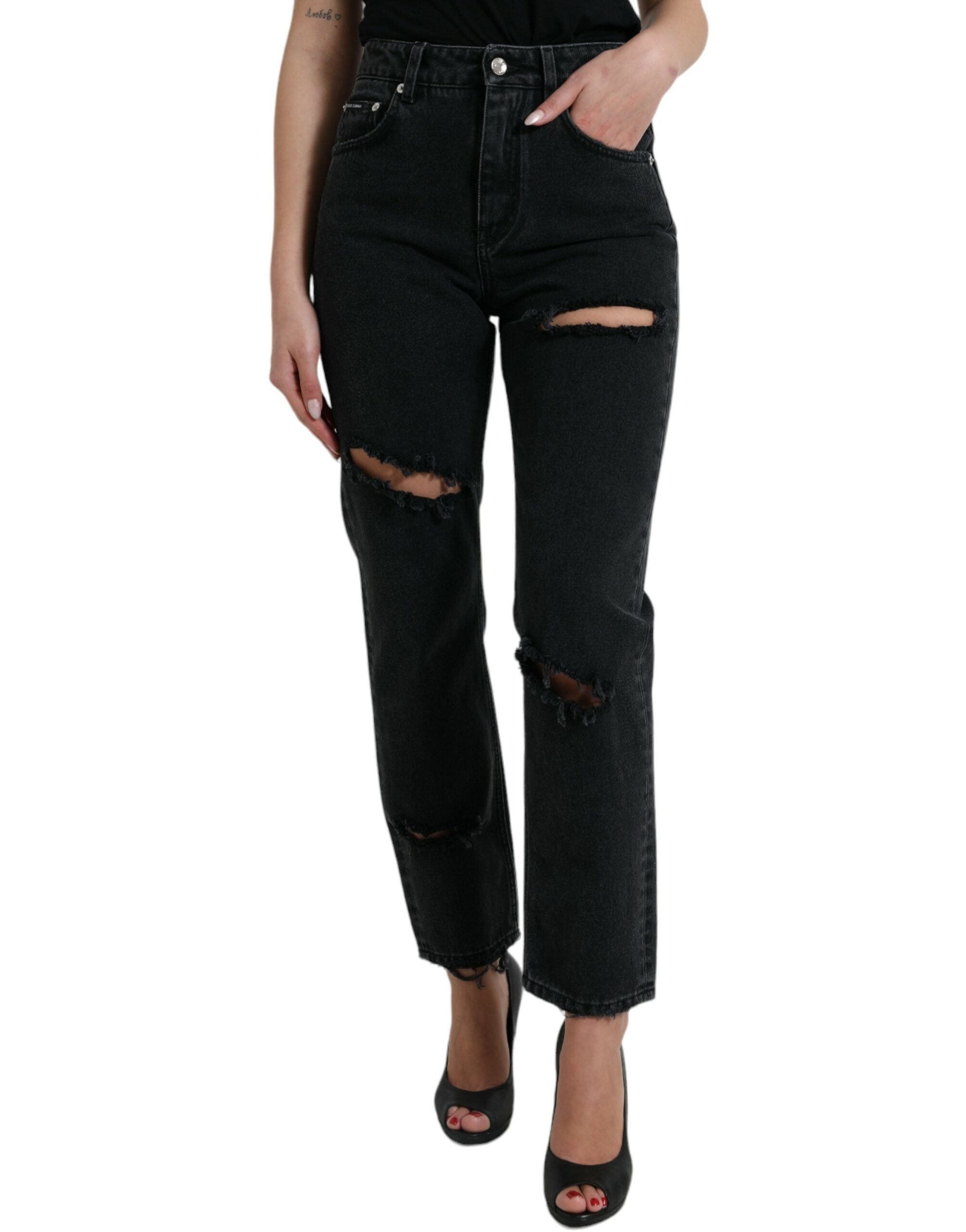 Dolce & Gabbana high-waisted black cotton jeans in distressed denim-1