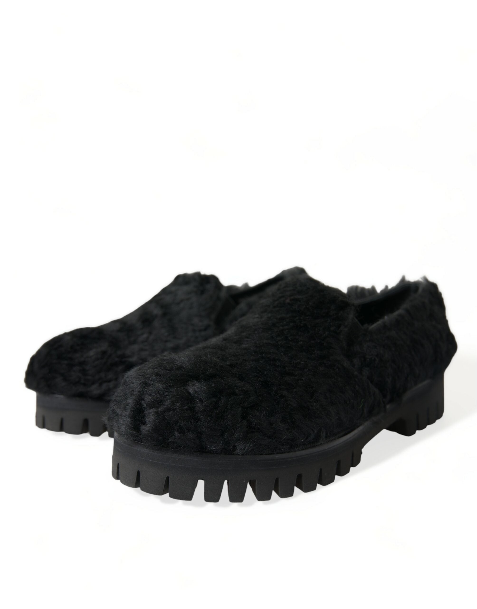 Dolce & Gabbana Black Fur Leather Slippers Dress Shoes-3