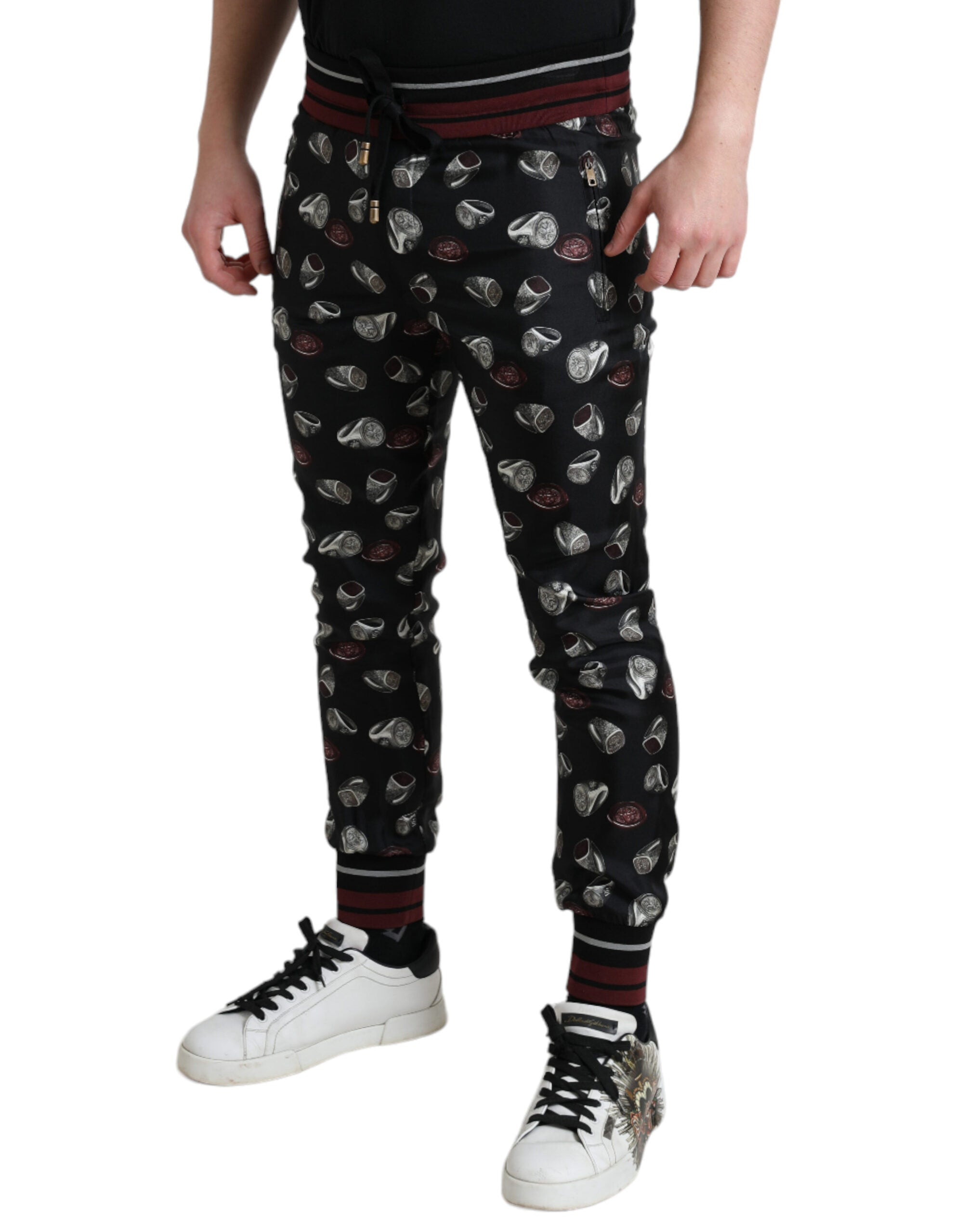 Dolce & Gabbana Black Ring Silk Jogging Pants-4