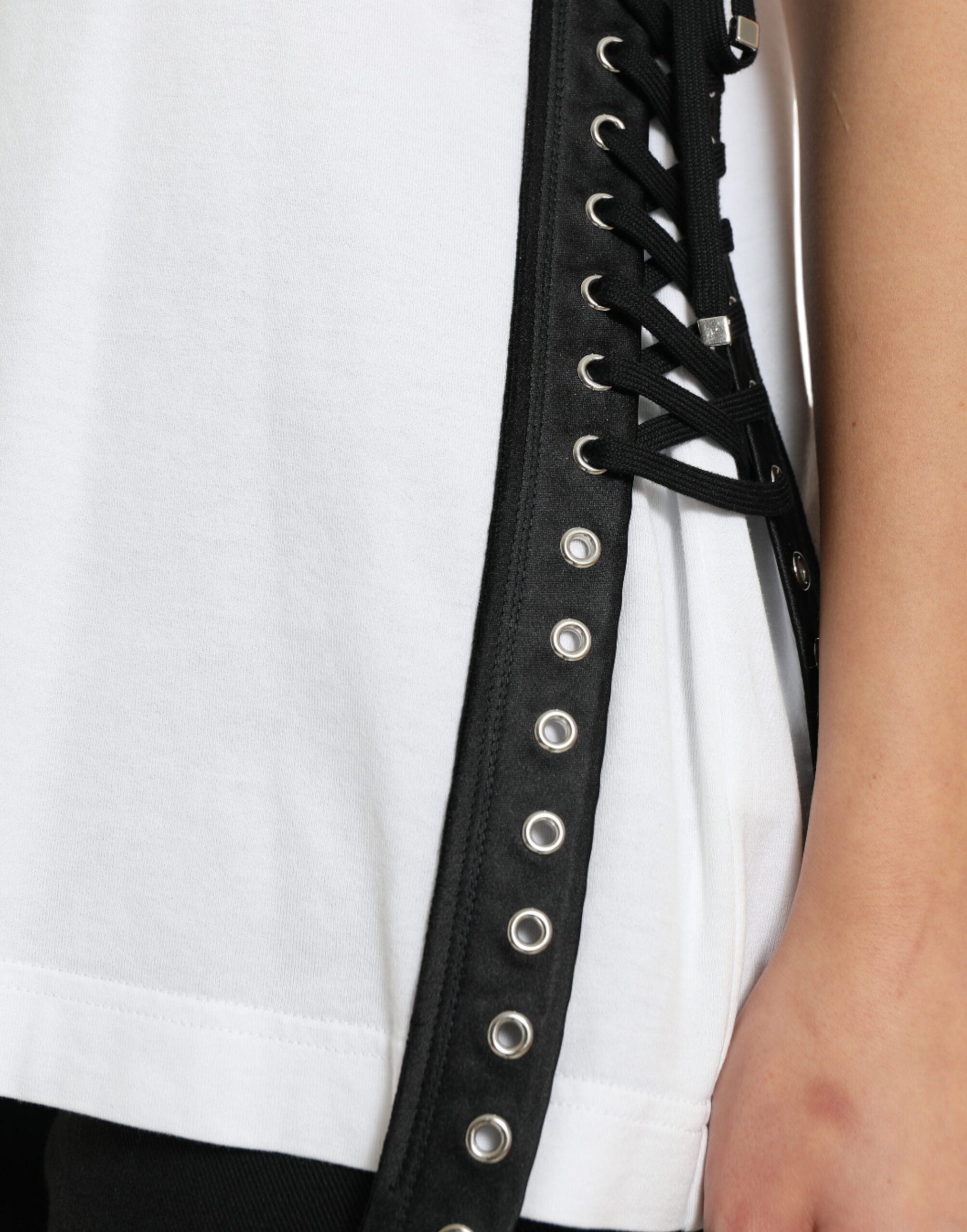Dolce & Gabbana Weißes T-Shirt mit Slogandruck und Schnürung-6