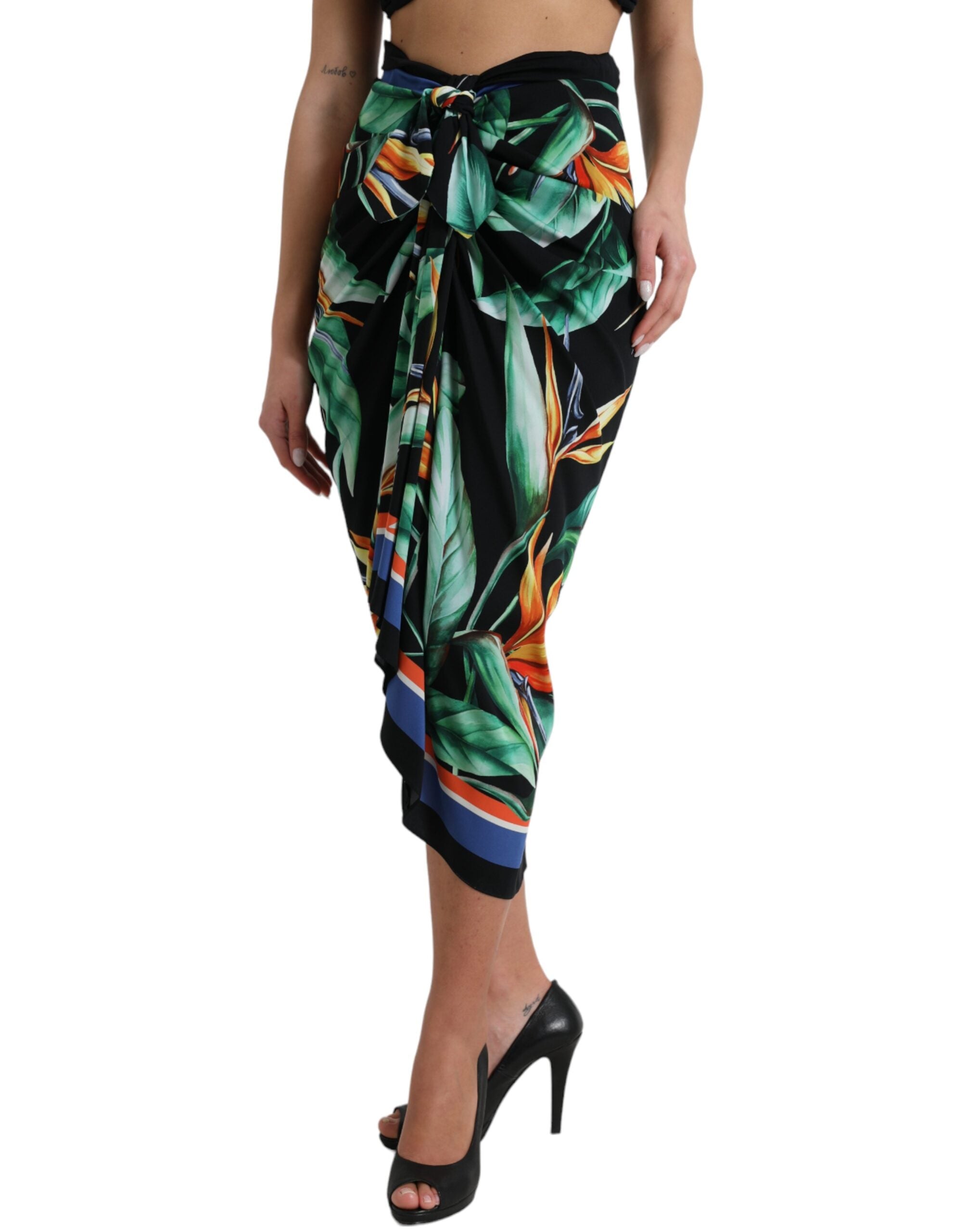 Falda midi cruzada de cintura alta con estampado Strelitzia en negro de Dolce & Gabbana-2