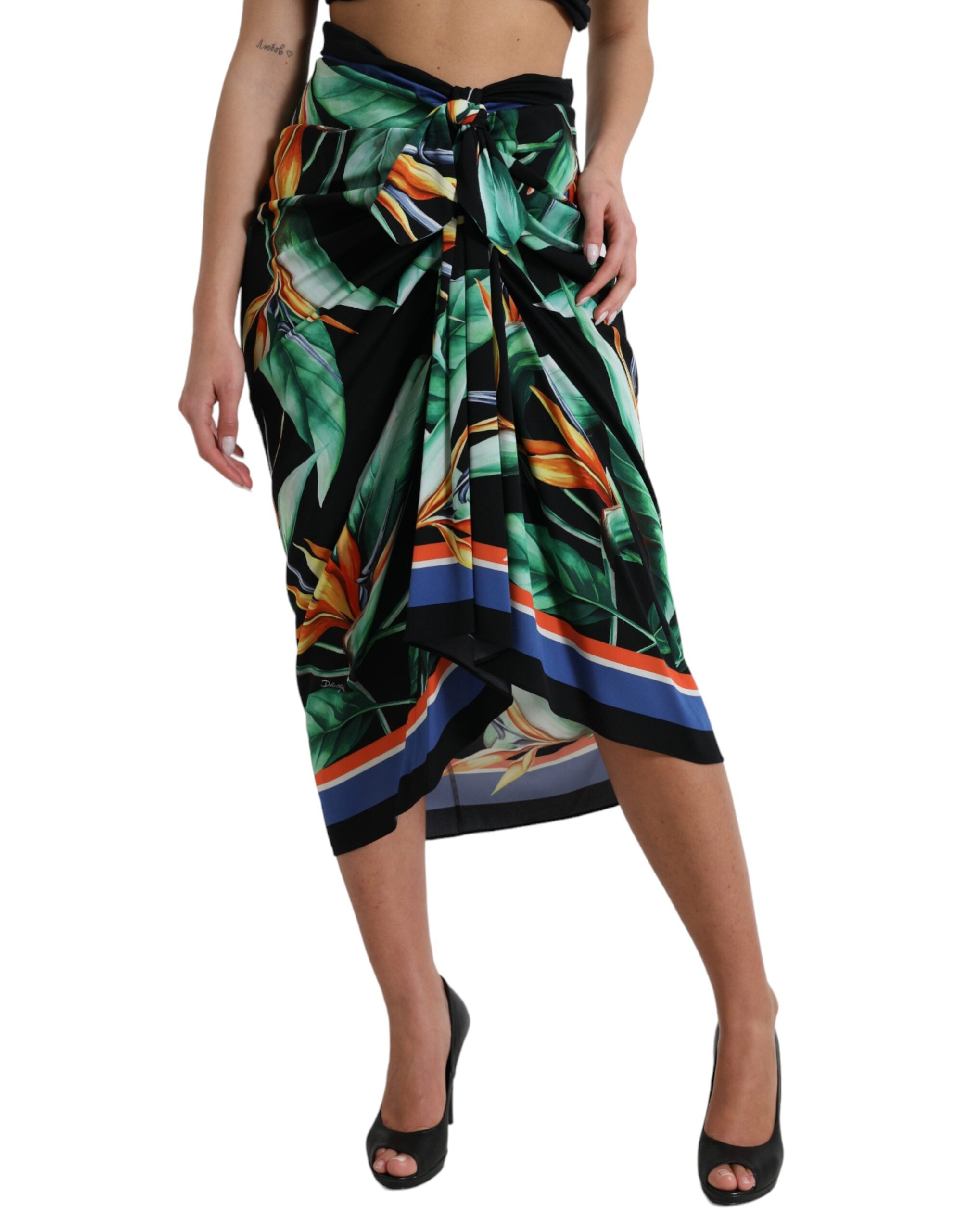 Dolce & Gabbana Black Strelitzia Wrap High-Waisted Midi Skirt