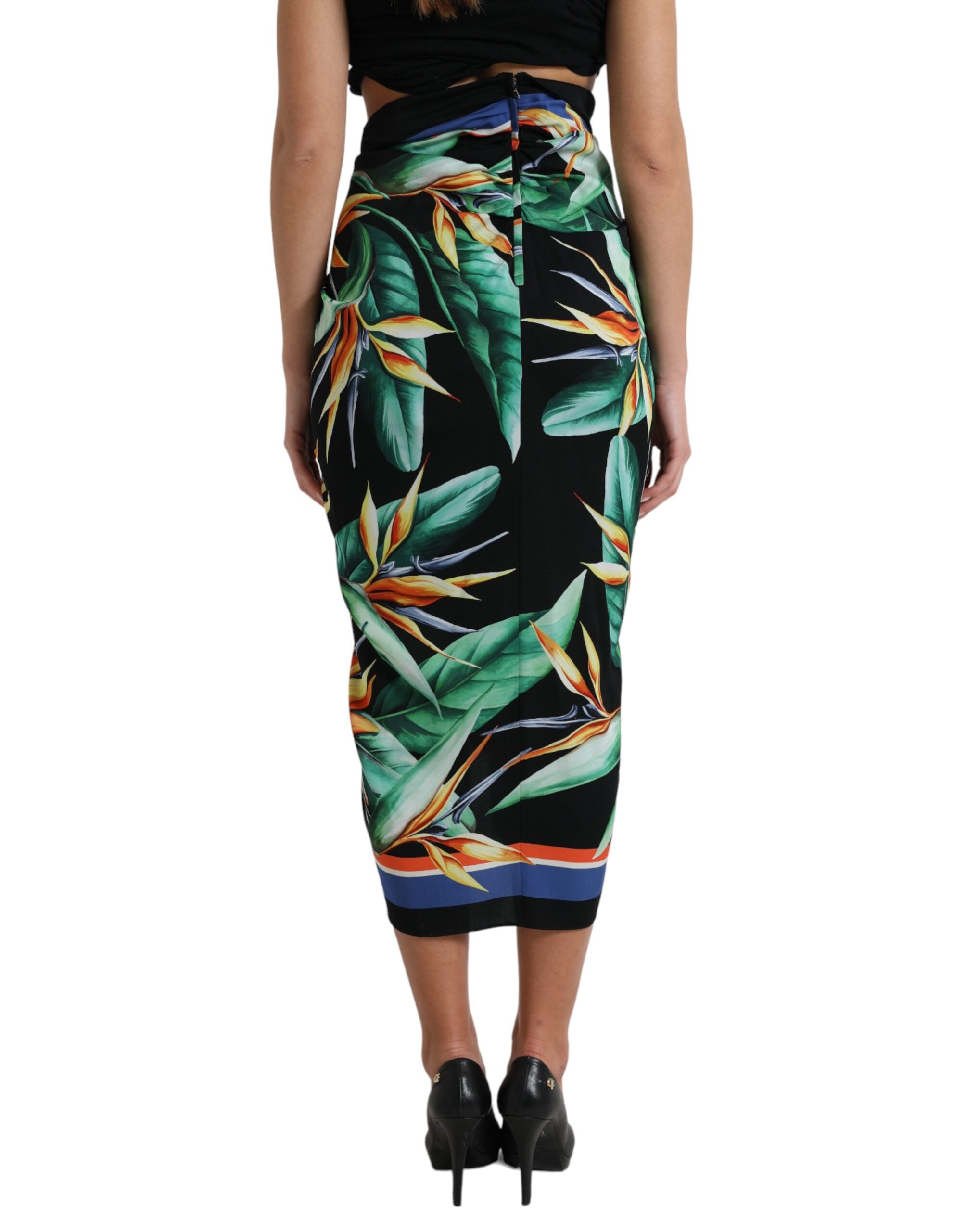 Falda midi cruzada de cintura alta con estampado Strelitzia en negro de Dolce & Gabbana-3