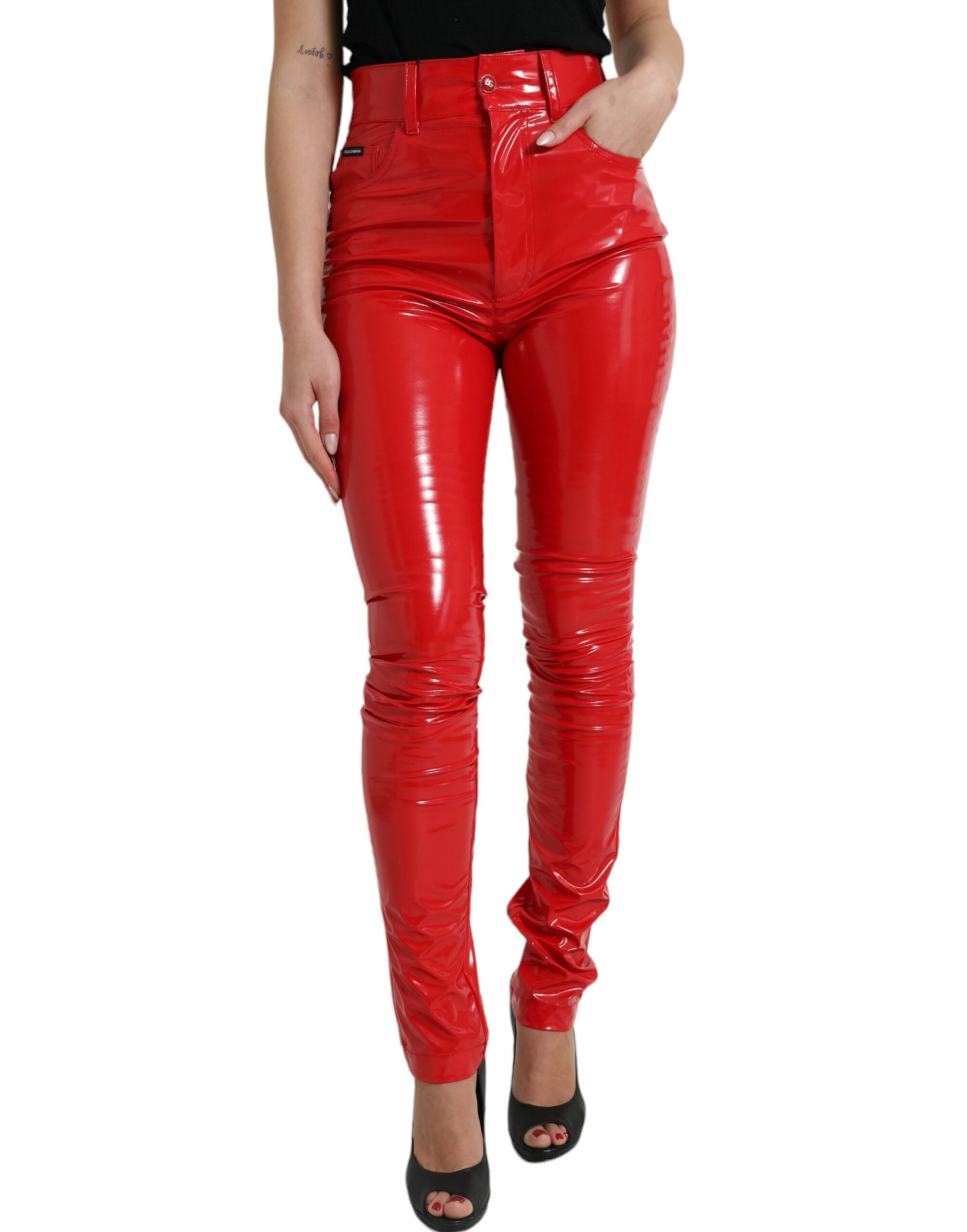Dolce & Gabbana shiny red high-waisted skinny trousers