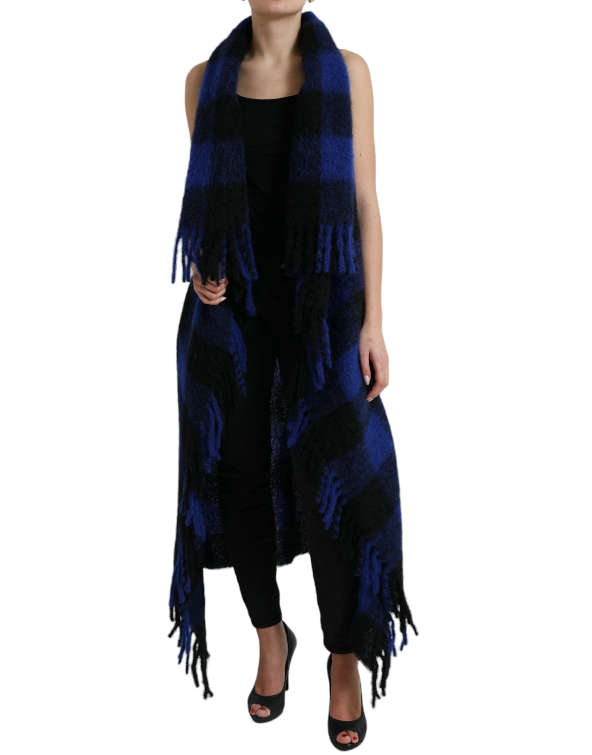 Dolce & Gabbana Schwarz Blau Büffelkaro Poncho Mantel Pullover-1