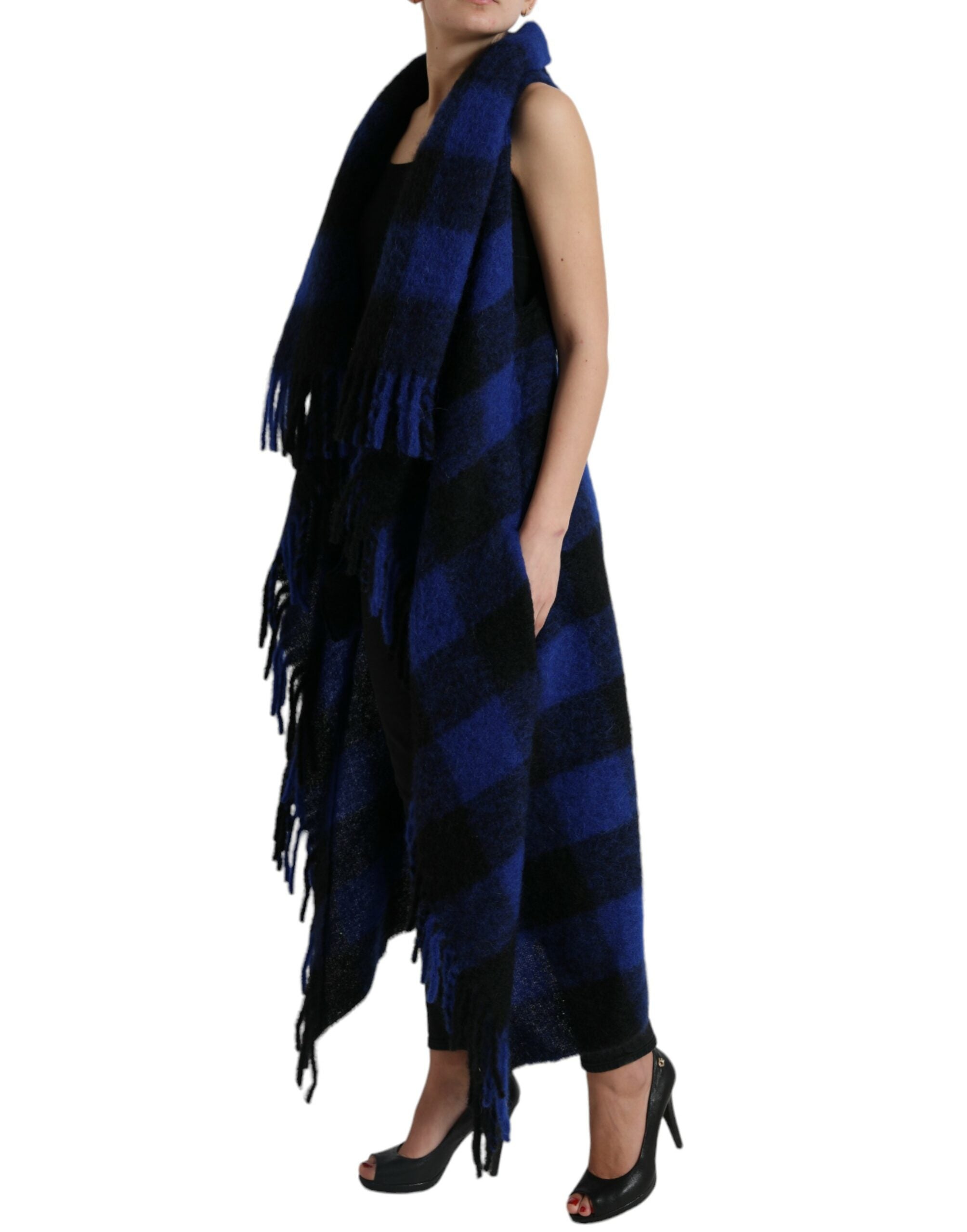 Dolce & Gabbana Schwarz Blau Büffelkaro Poncho Mantel Pullover-2
