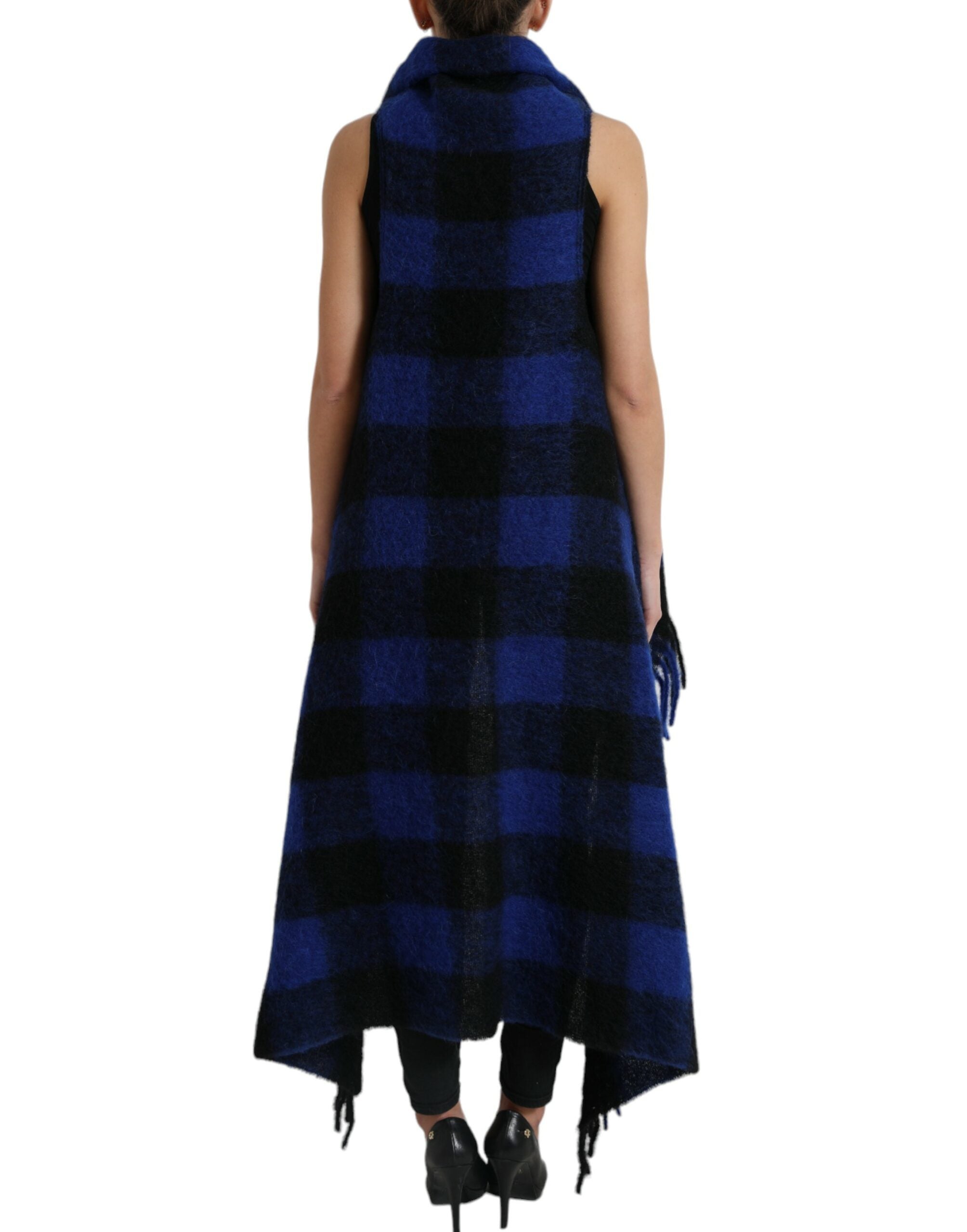 Dolce & Gabbana Schwarz Blau Büffelkaro Poncho Mantel Pullover-3