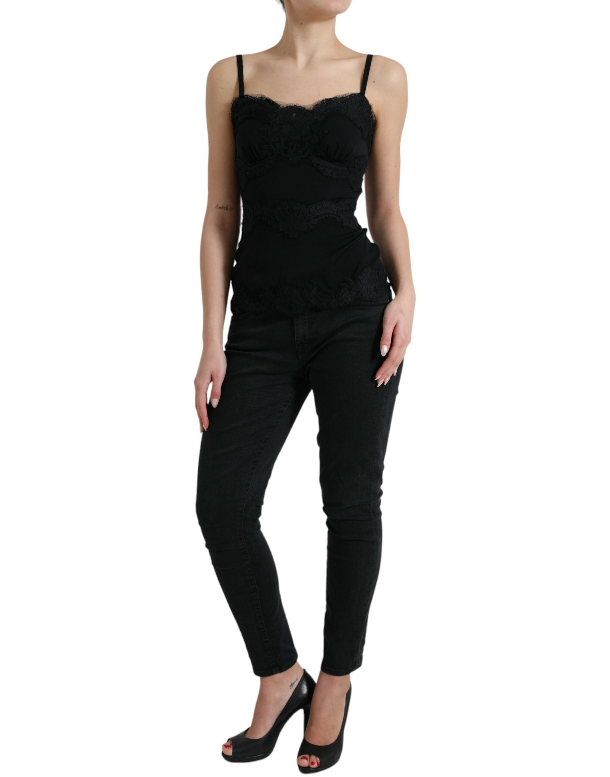 Dolce & Gabbana Schwarzes Seiden-Stretch-Spitzen-Tanktop ohne Ärmel-2