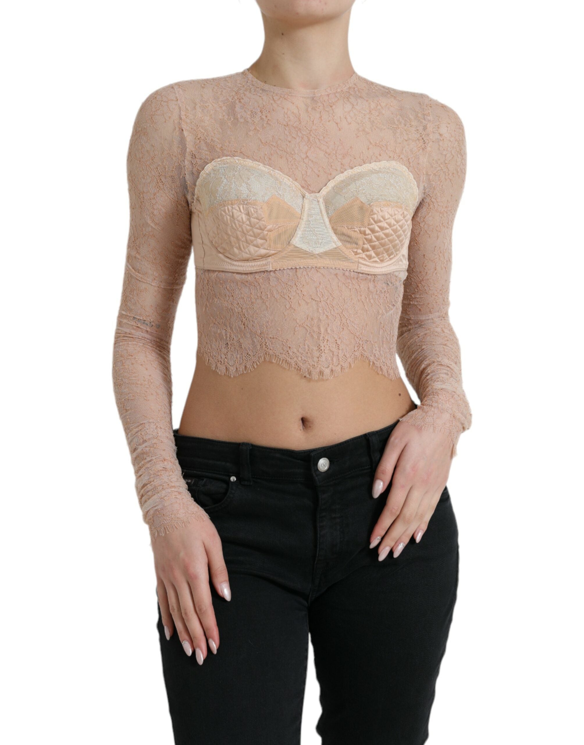 Dolce & Gabbana Beigefarbenes Nylon Bustier mit floraler Spitze und Cropped Top-1