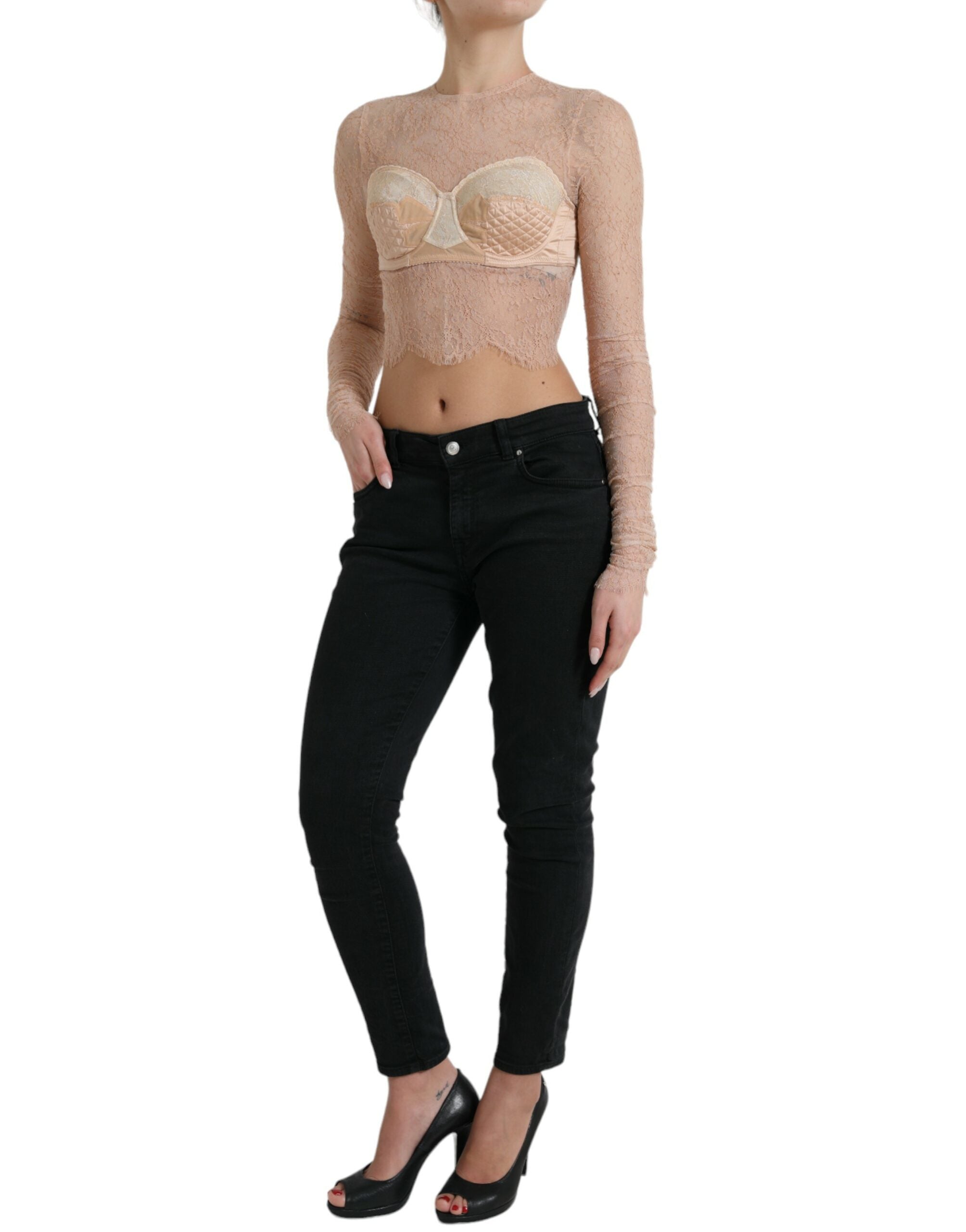 Dolce & Gabbana Beigefarbenes Nylon Bustier mit floraler Spitze und Cropped Top-2