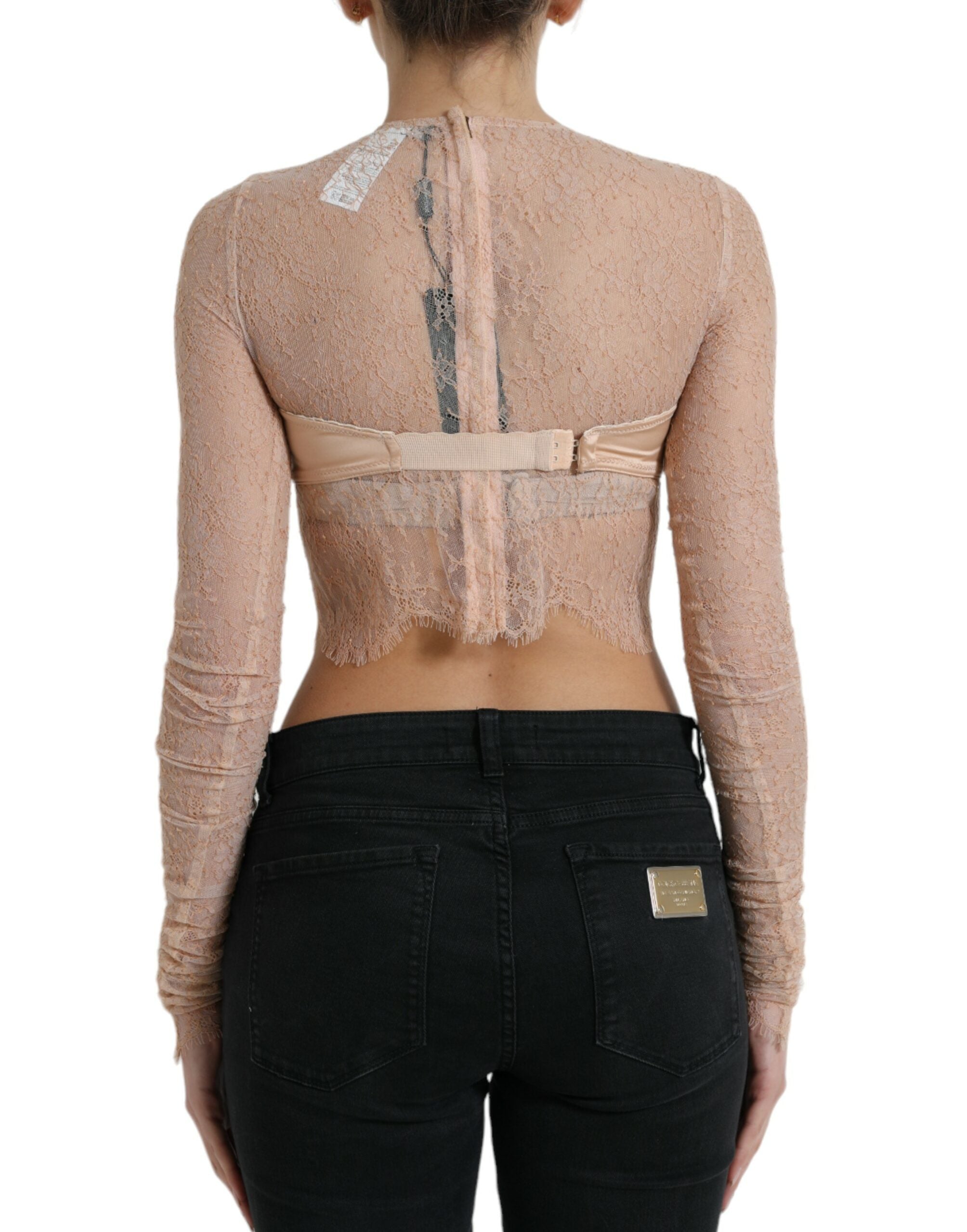 Dolce & Gabbana Beigefarbenes Nylon Bustier mit floraler Spitze und Cropped Top-3