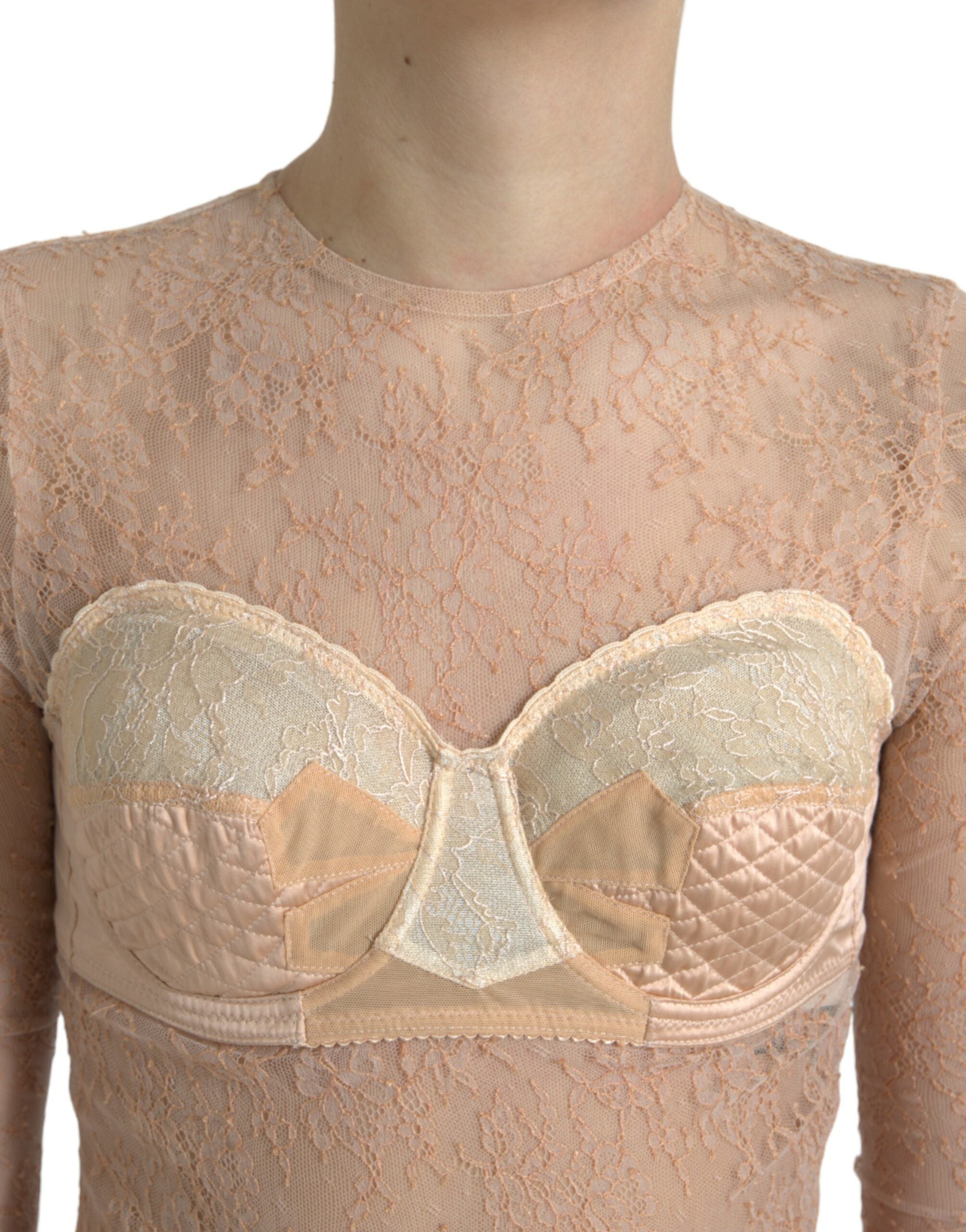 Dolce & Gabbana Beigefarbenes Nylon Bustier mit floraler Spitze und Cropped Top-4