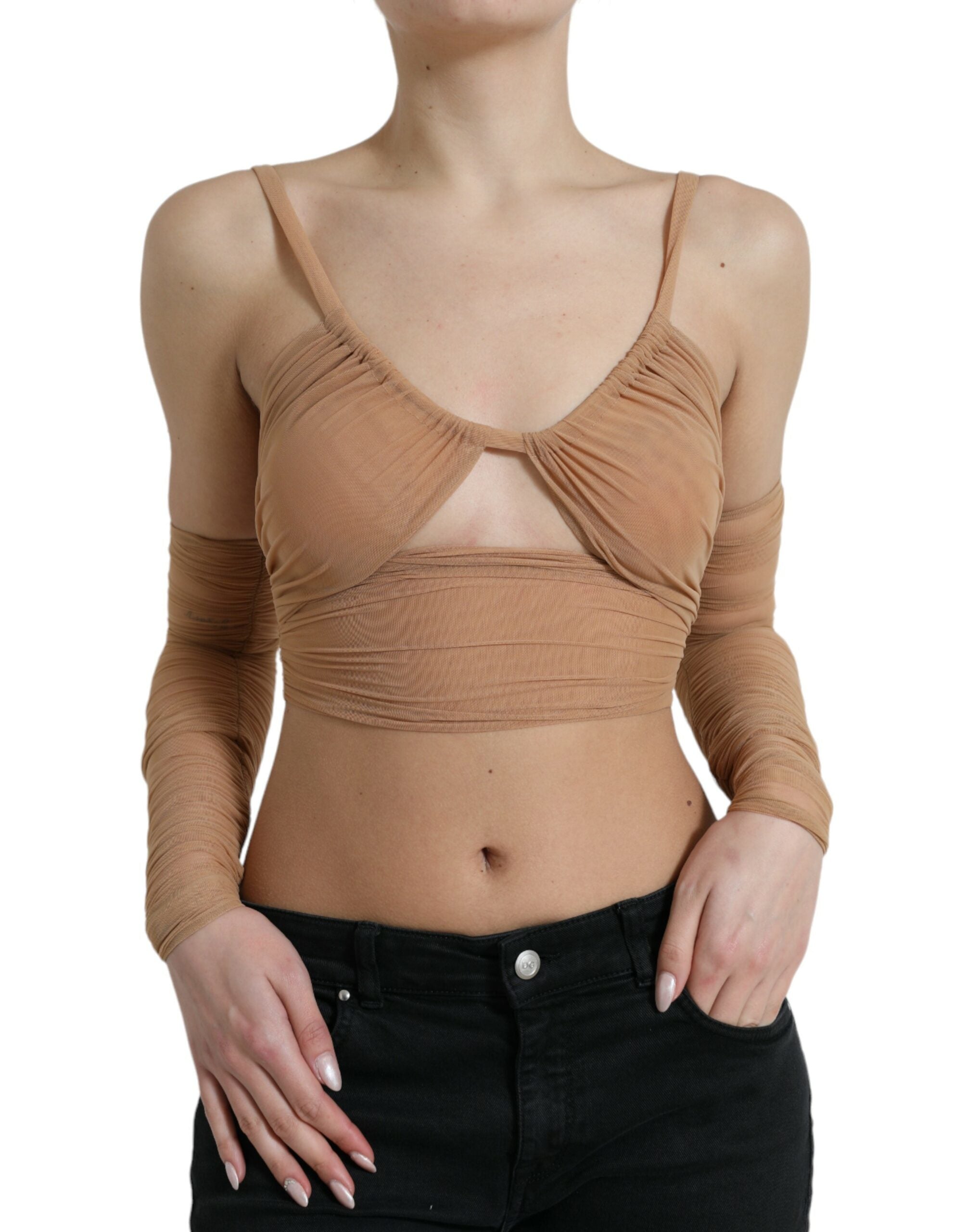 Dolce & Gabbana Brown Nylon Stretch Top with Open Shoulders-1