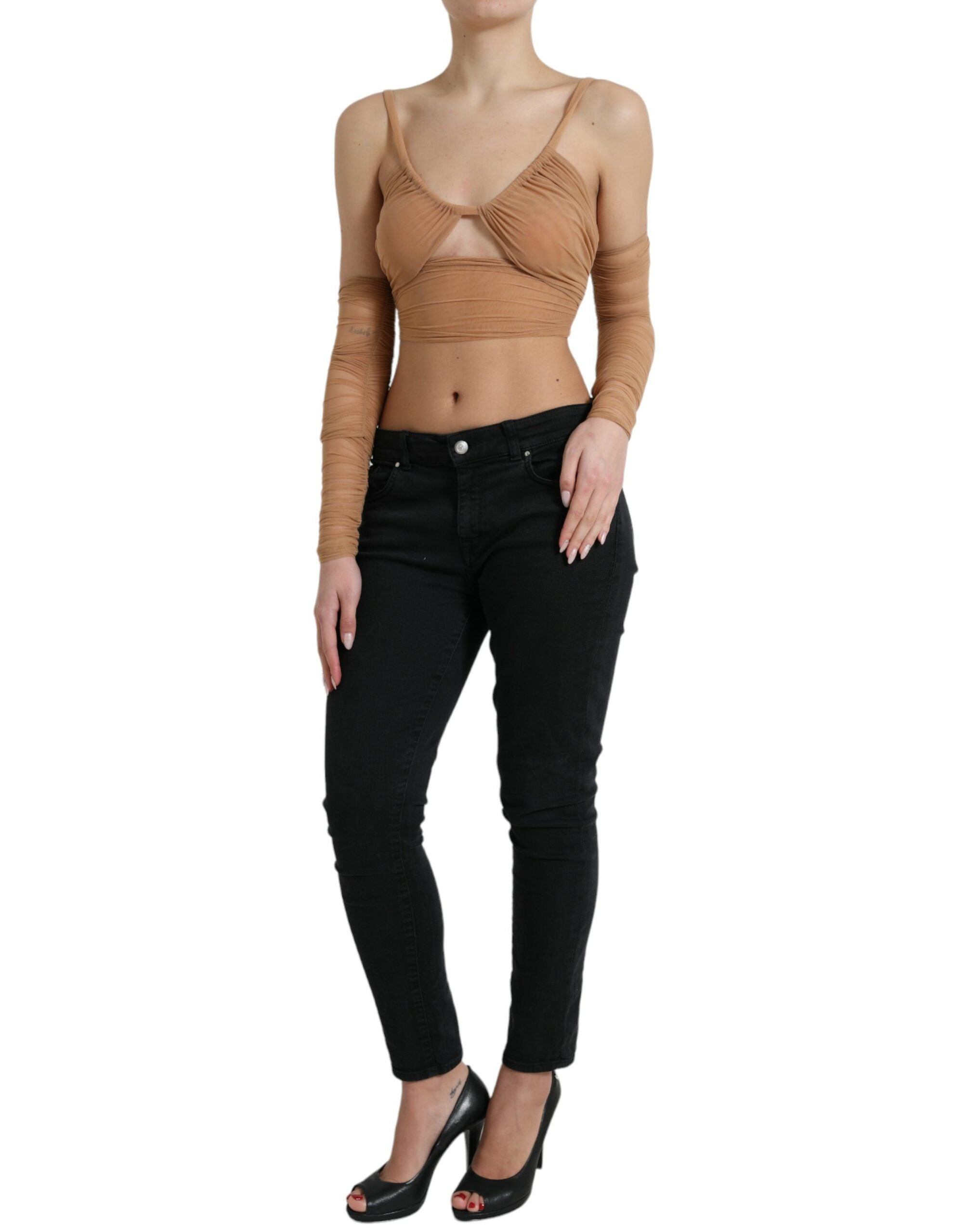 Dolce & Gabbana Brown Nylon Stretch Top with Open Shoulders-2