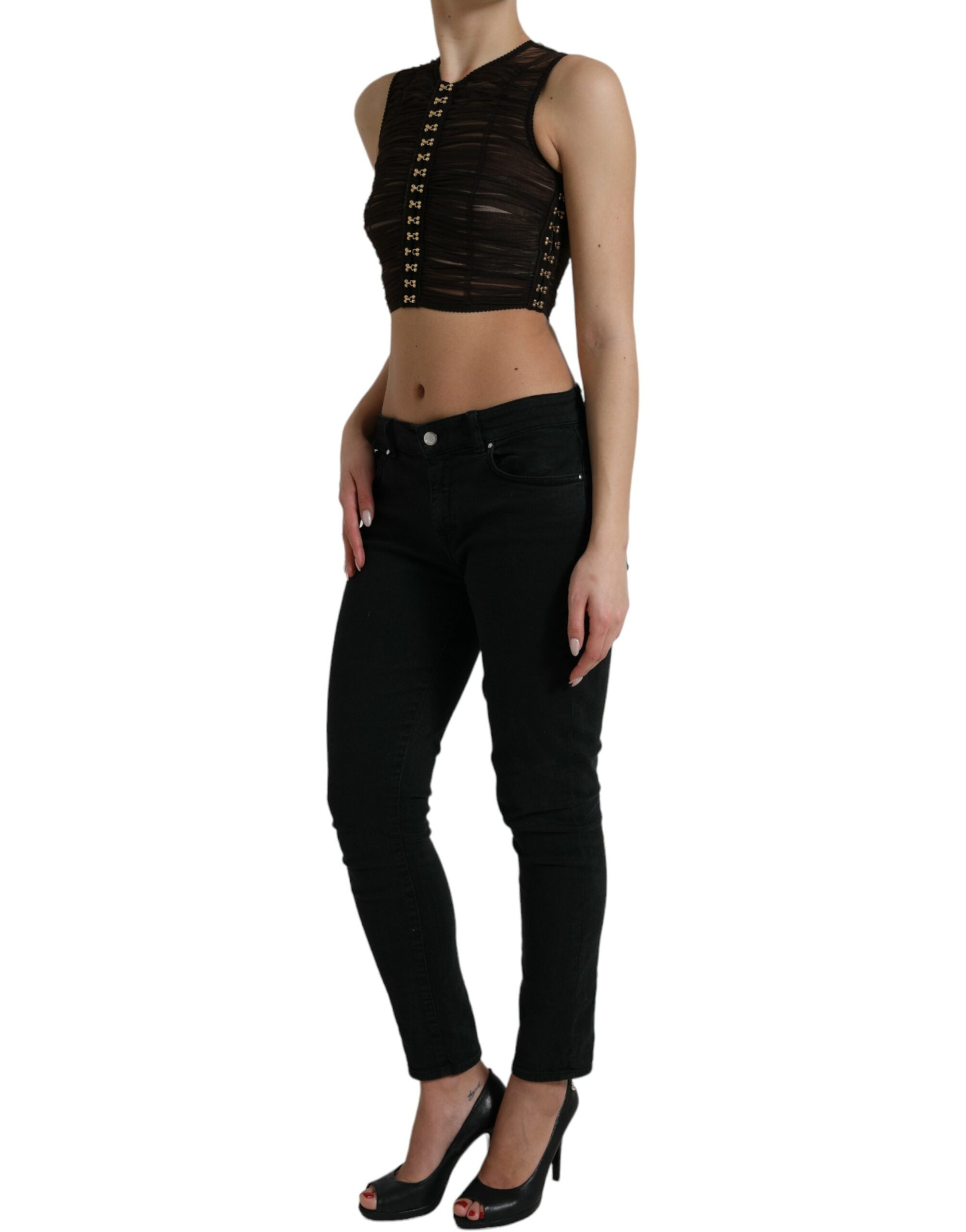 Dolce & Gabbana Brown Embellished Nylon Stretch Cropped Top-2