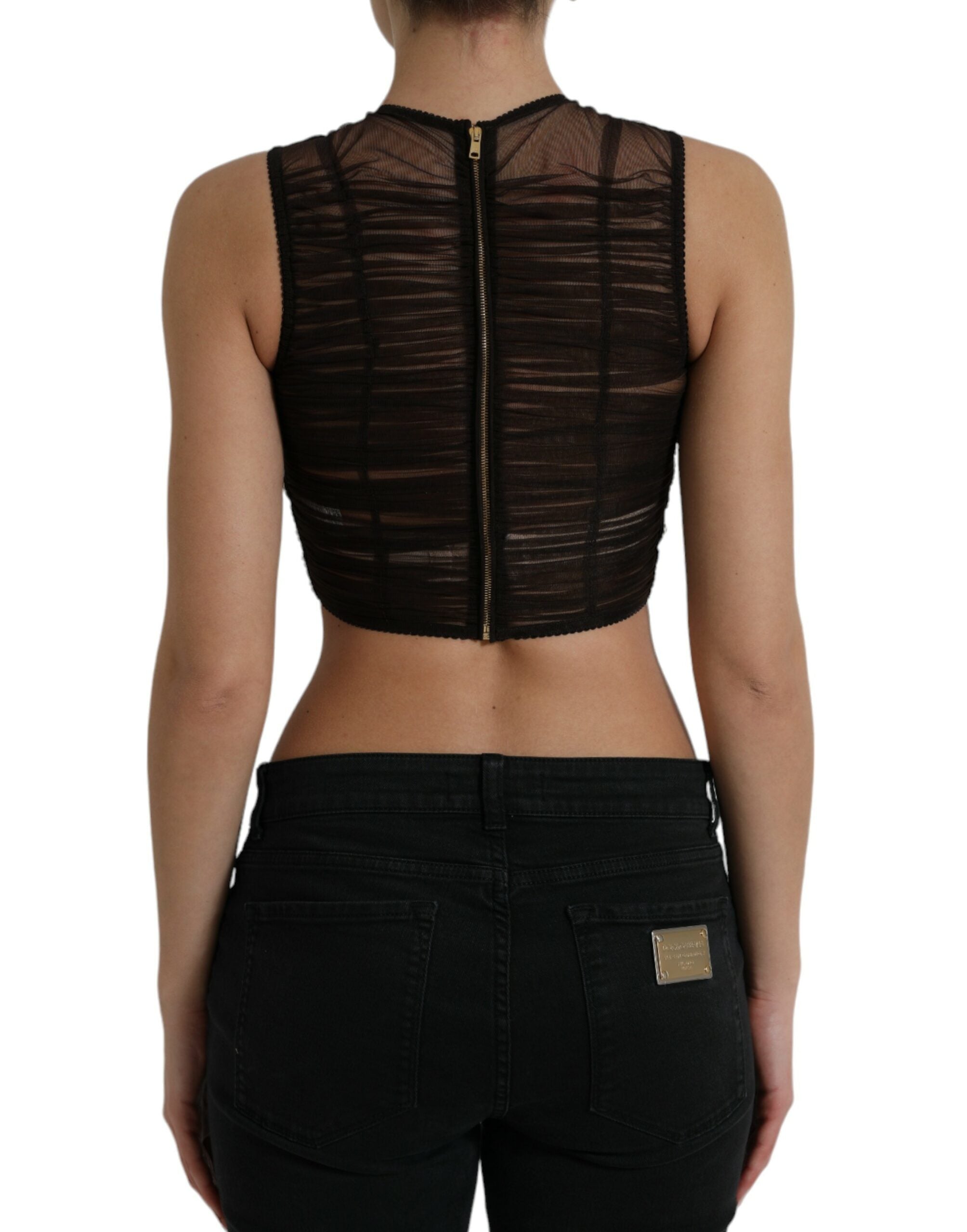 Dolce & Gabbana Brown Embellished Nylon Stretch Cropped Top-3