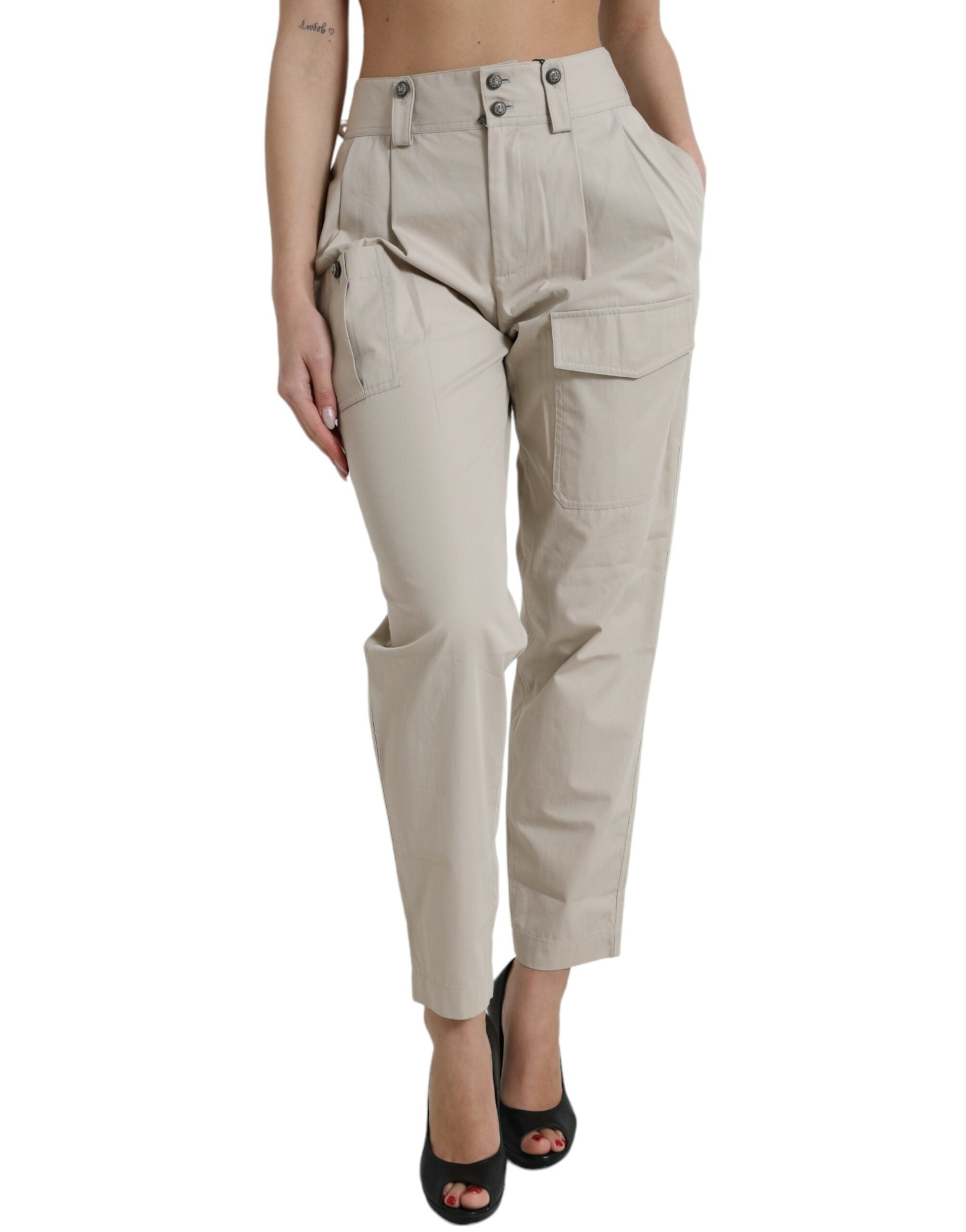 Pantalón Dolce & Gabbana de algodón beige con cintura alta y corte cónico-1