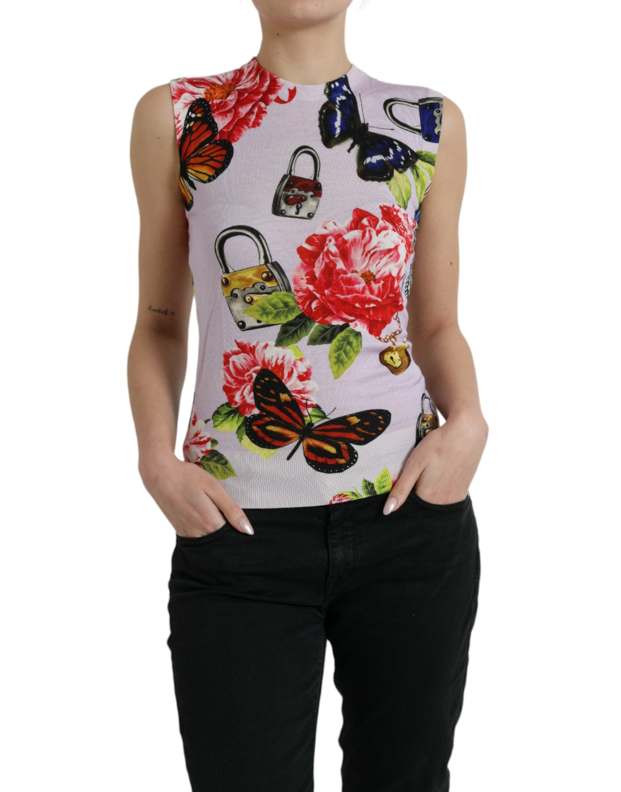 Dolce & Gabbana Multicolor Floral Padlock Butterfly Tank Top-1
