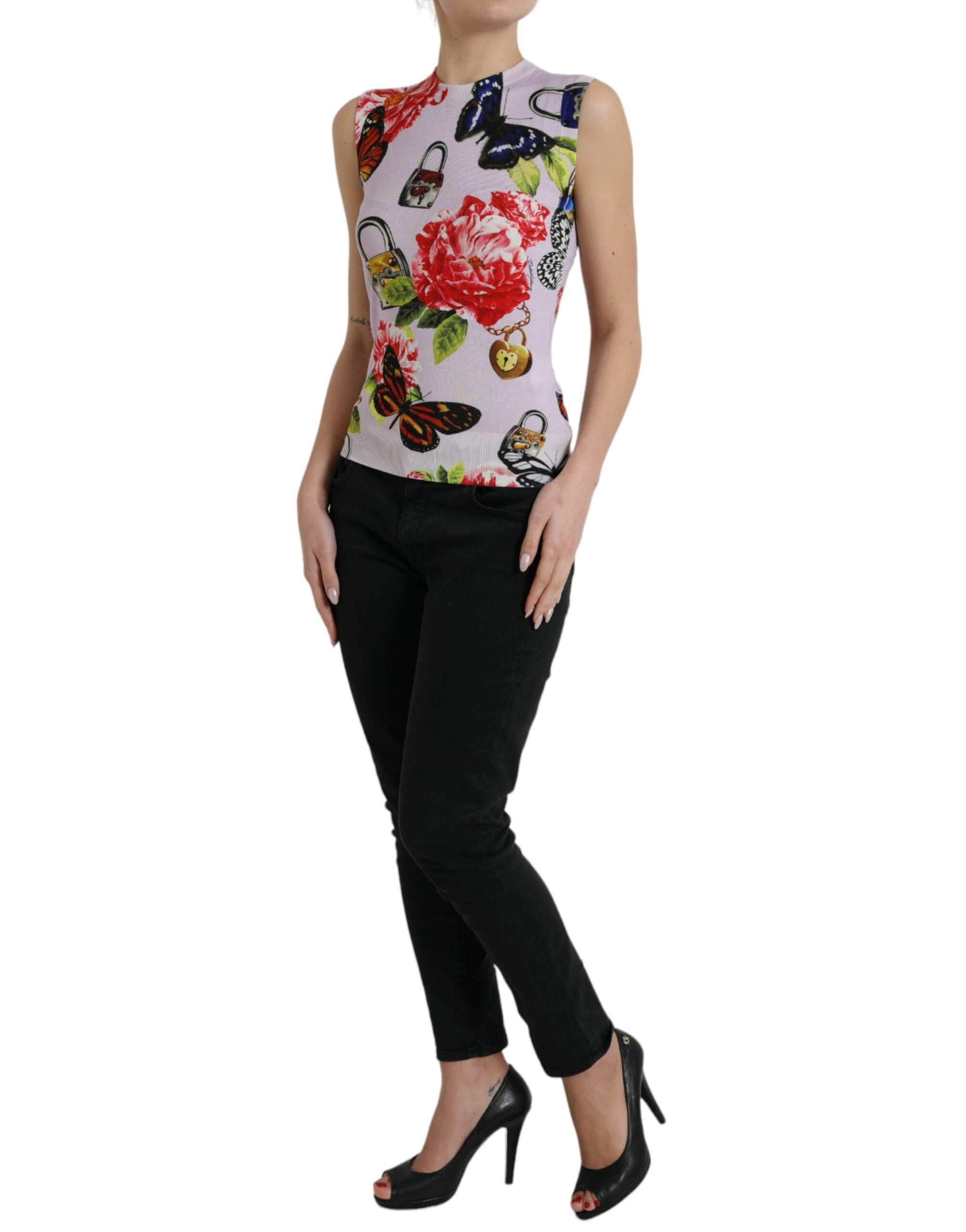 Dolce & Gabbana Multicolor Floral Padlock Butterfly Tank Top-2