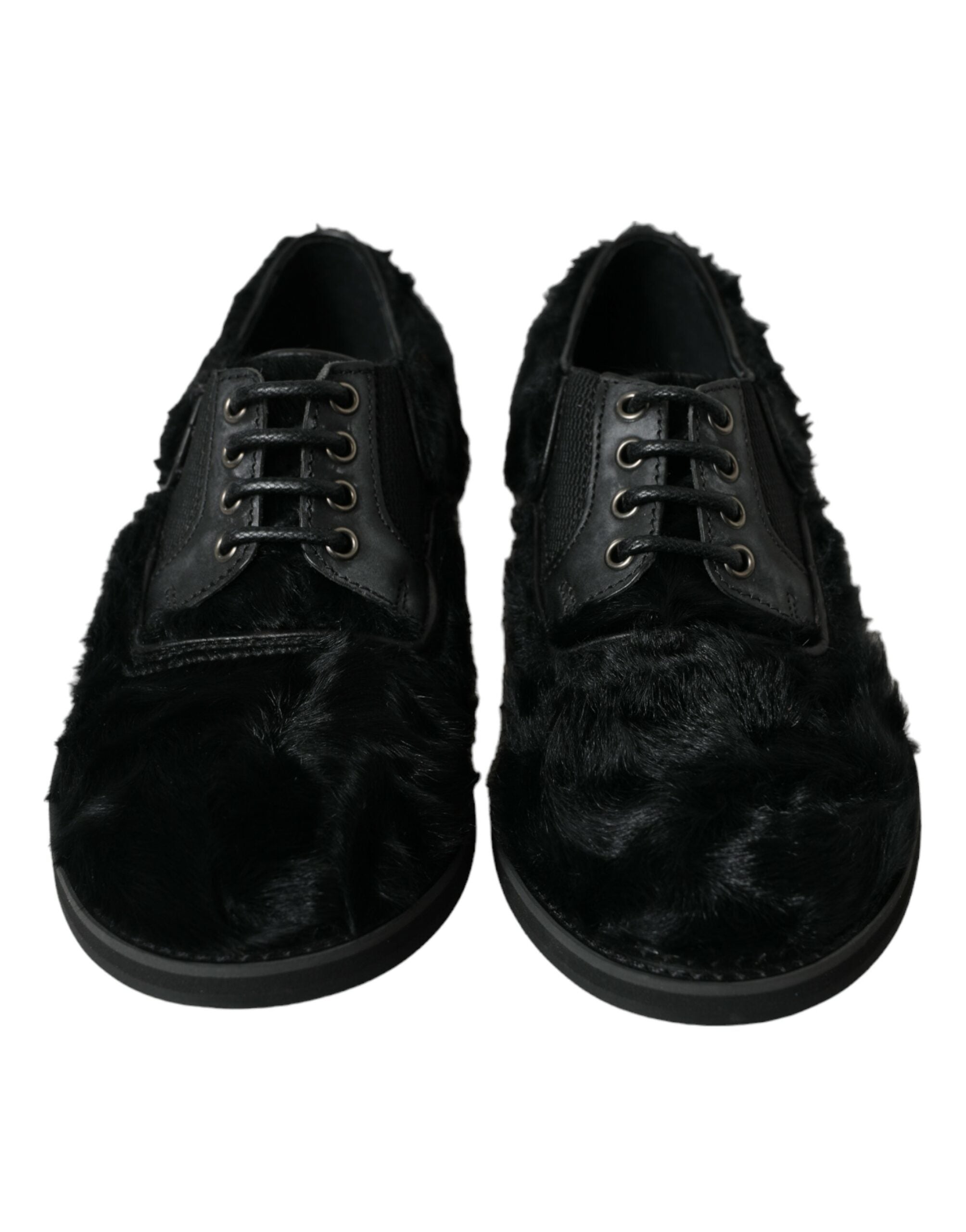 Dolce & Gabbana Black Fur Leather Lace-Up Derby Dress Shoes-2