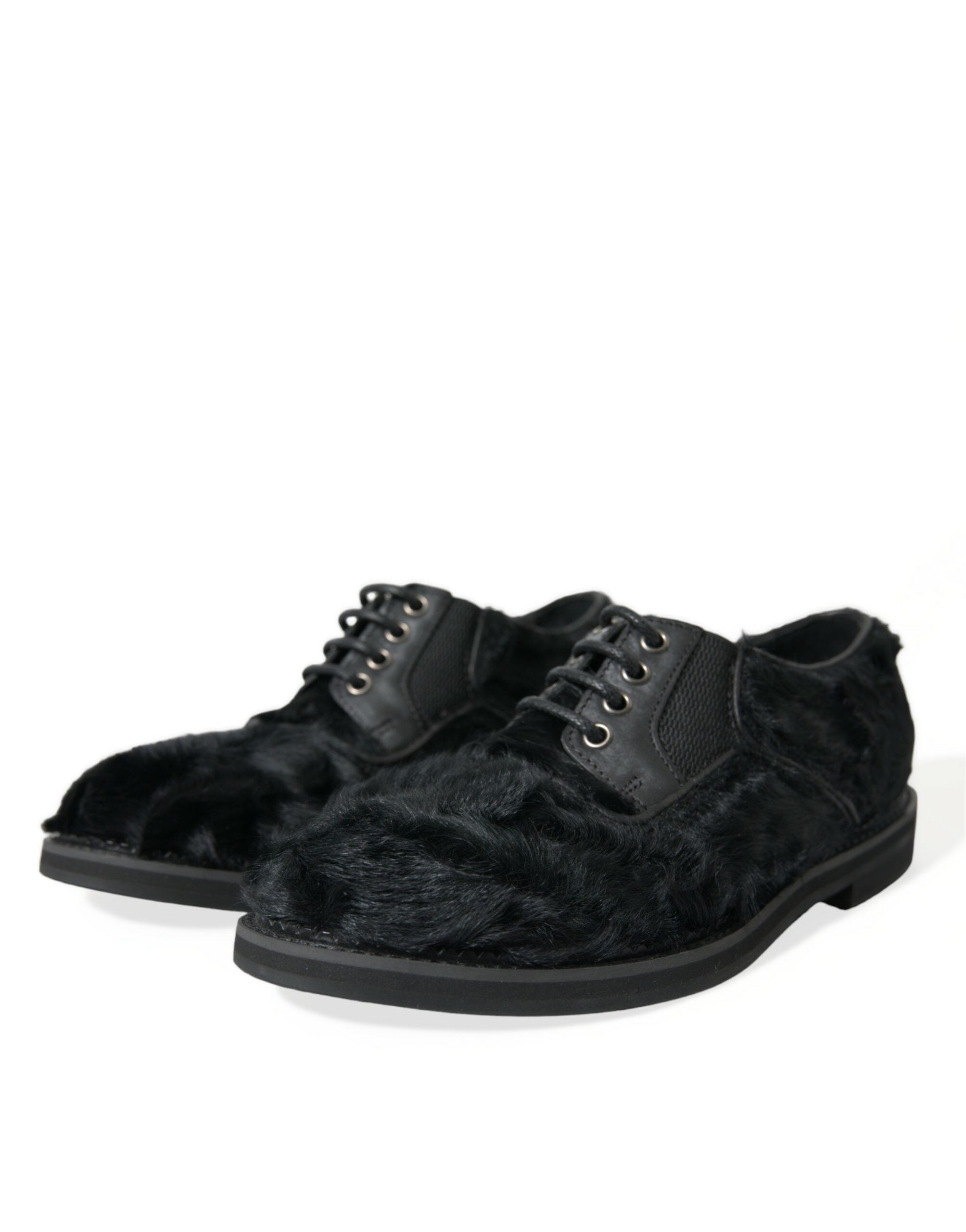 Dolce & Gabbana Black Fur Leather Lace-Up Derby Dress Shoes-3
