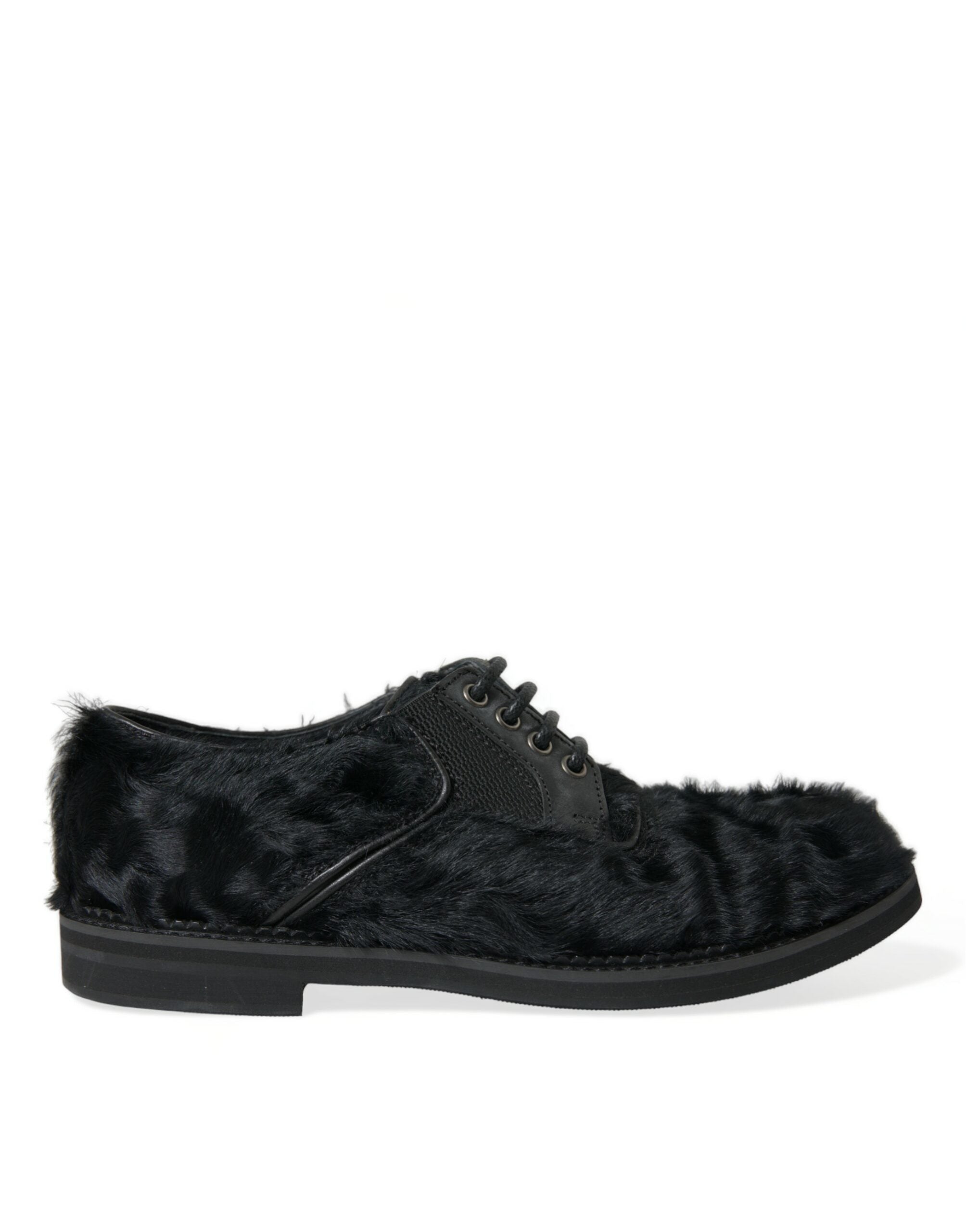 Dolce & Gabbana Black Fur Leather Lace-Up Derby Dress Shoes